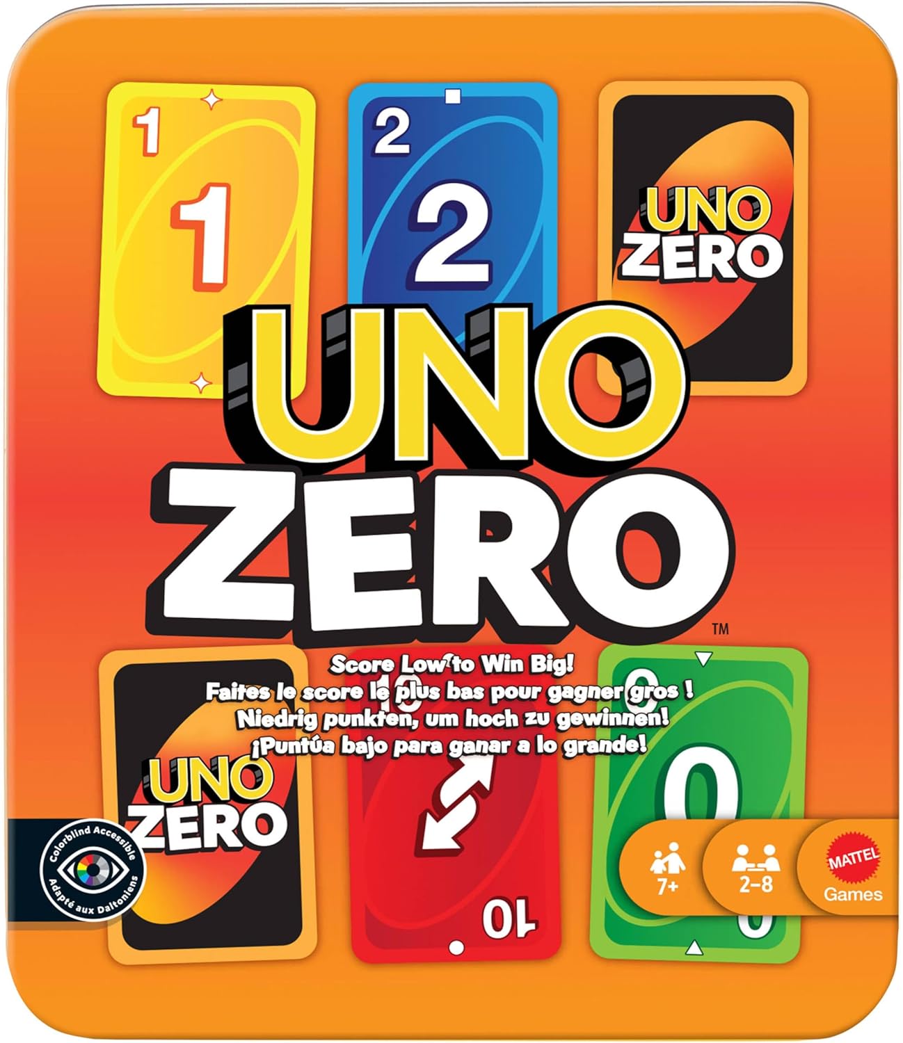 Mattel Games UNO Zero Card Game in Storage & Travel Tin for Kid, Adult & Family Nights & Parties, Includes Deck & Scorecard, 2 to 8 Players Ages 7+ Years, JLK16