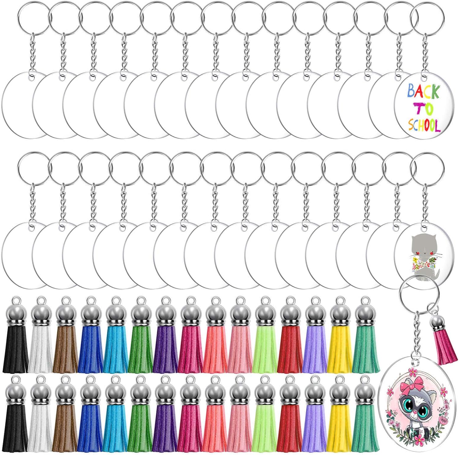 Audab Acrylic Keychain Blanks Kit - 120pcs Including Clear Acrylic Blanks, Keychain Tassels, Key Rings, Jump Rings for DIY Key Chain Vinyl Crafting