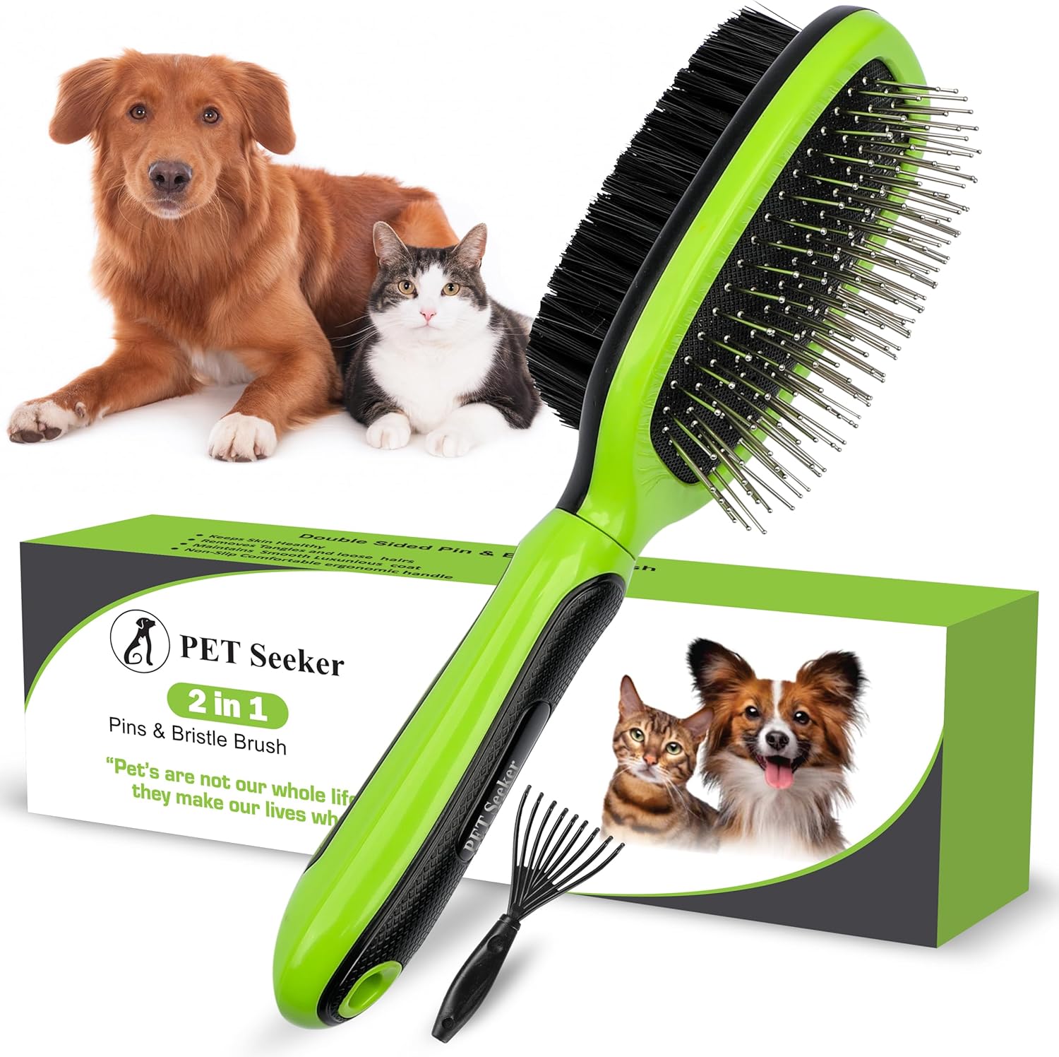 Double Sided Dog Brush, Grooming Brush with Rounded Pins & Bristles, Dog Brushes for Grooming with Anti Slip Handle & Free Cleaning Tool.
