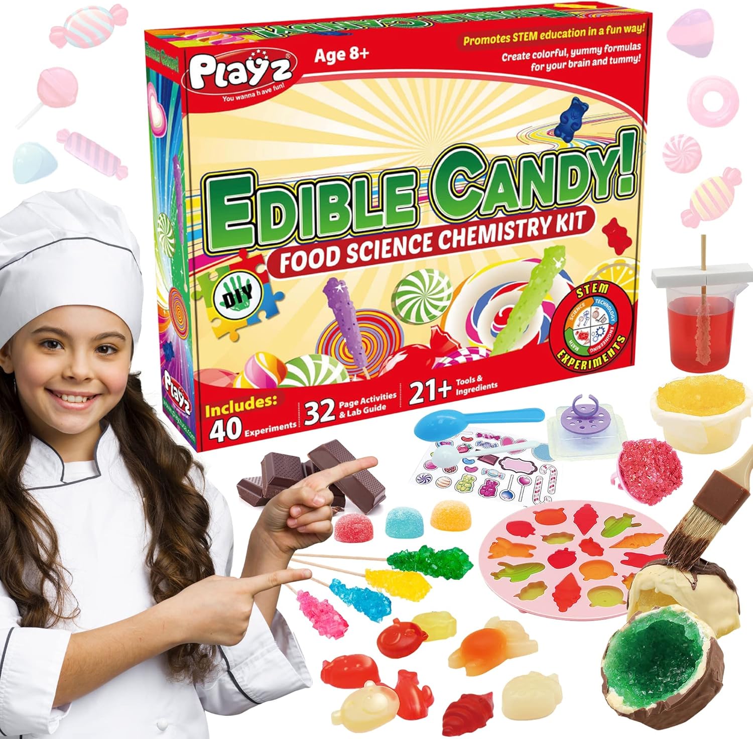 Playz Edible Candy Making Science Kit for Kids Ages 8-12 Years Old - Food Science Chemistry Kid Science Kit with 40 Experiments to Make Your Own Chocolates, Educational Science Kits for Boy & Girls