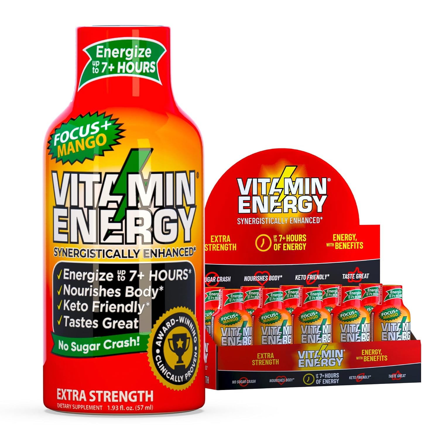 Vitamin Energy Focus+ Extra Strength Energy Shot Mango 10 Pack, 260mg Natural Caffeine, B-Vitamins, CoQ10, Amino Acids, Focus, Productivity & Clarity, Zero Sugar, Gluten-Free, 1.93 fl oz
