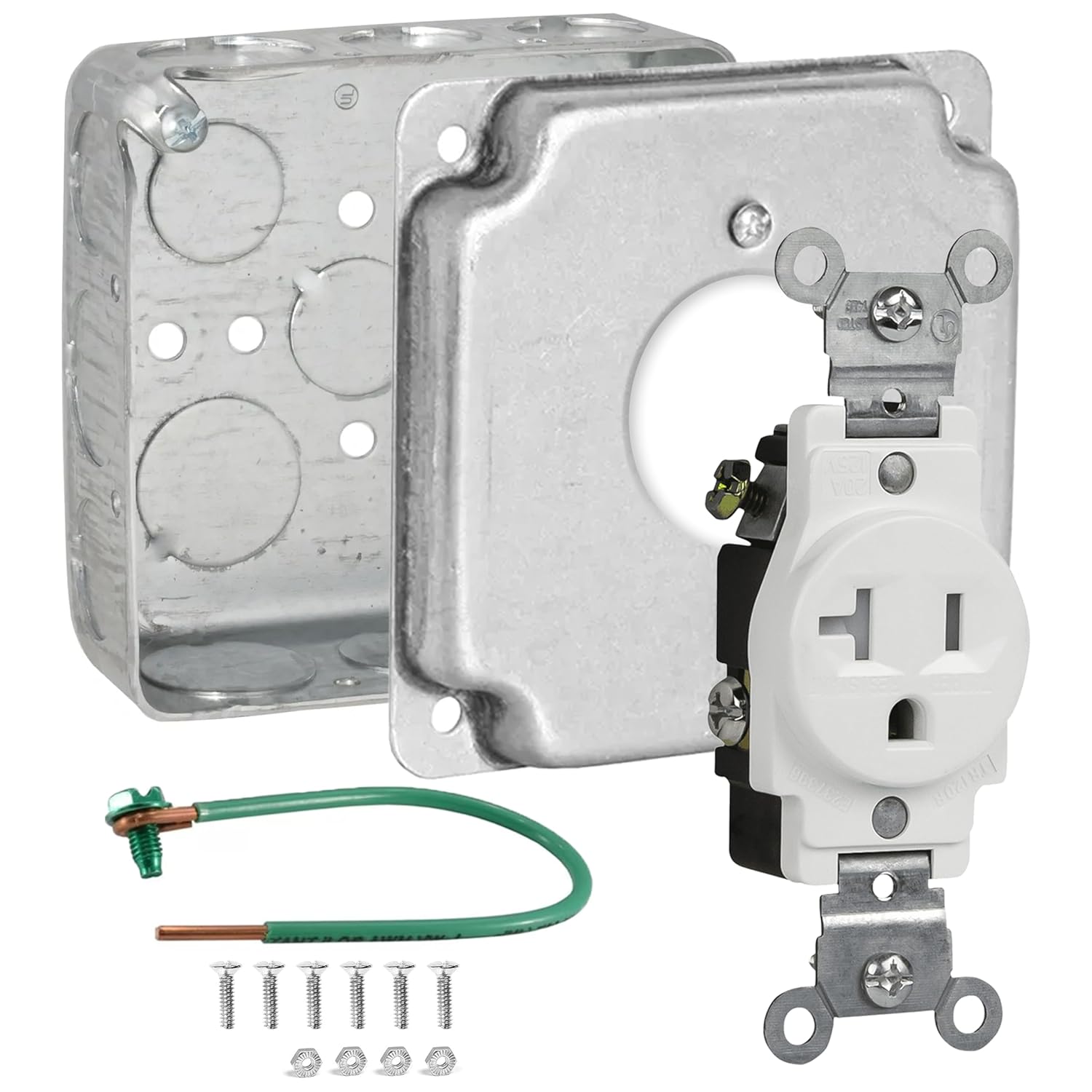 Outlet Box Kit, Includes 4x4'' Drawn Metal Electrical Box, 20 Amp Single Receptacle Outlet, Single Receptacle 4x4'' Cover, Sixteen Knockouts, Green Pigtail Grounding Wire and Screw, Convenient Kit