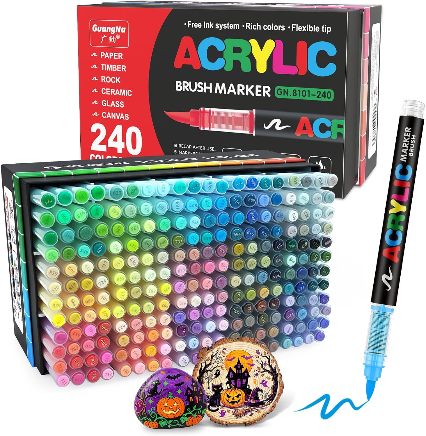 Guangna 240 Acrylic Paint Markers, Brush Tip Acrylic Paint Pens, Quick-Drying Waterproof Ink, for Rock Painting Plastic Wood Canvas Glass Ceramic Metal Art Crafts Supplies Gift
