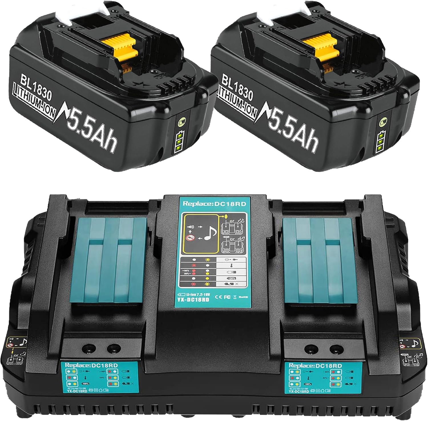 2 x 18V 5.5Ah BL1850B Batteries + 6A DC18RD Dual Port Charger Compatible with Makita Battery 14.4V-18V BL1850 BL1830 BL1840 BL1860 and DC18RD DC18RC DC18RCT DC18RF DC18SF Charger