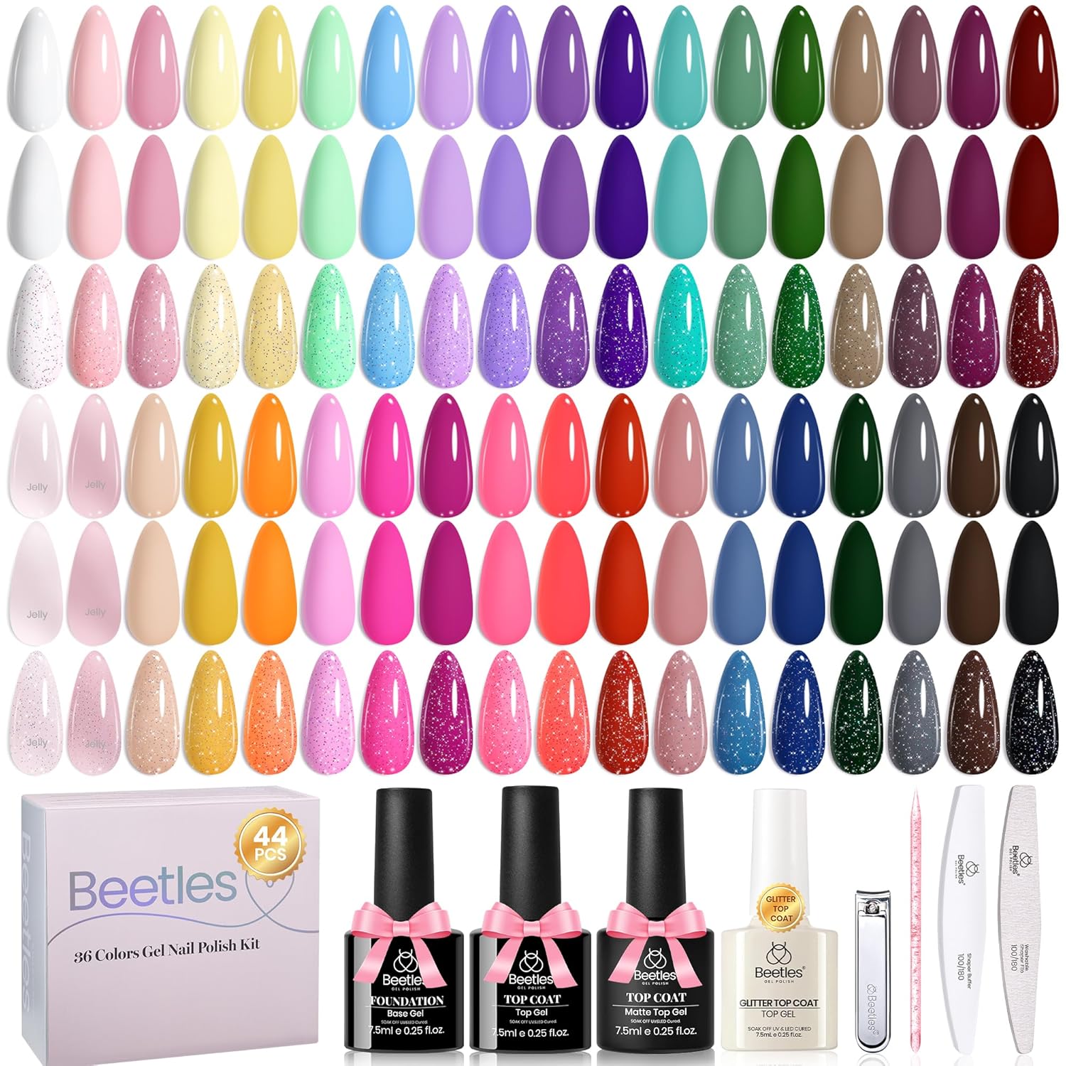 Beetles 36 Colors Gel Nail Polish Set, Pastel Jelly Pink Purple White Green Gel Polish Kit with Glitter Gel Base & Top Coat Nail Tools Soak Off UV Nail Art Salon DIY at Home Manicure Gift for Women