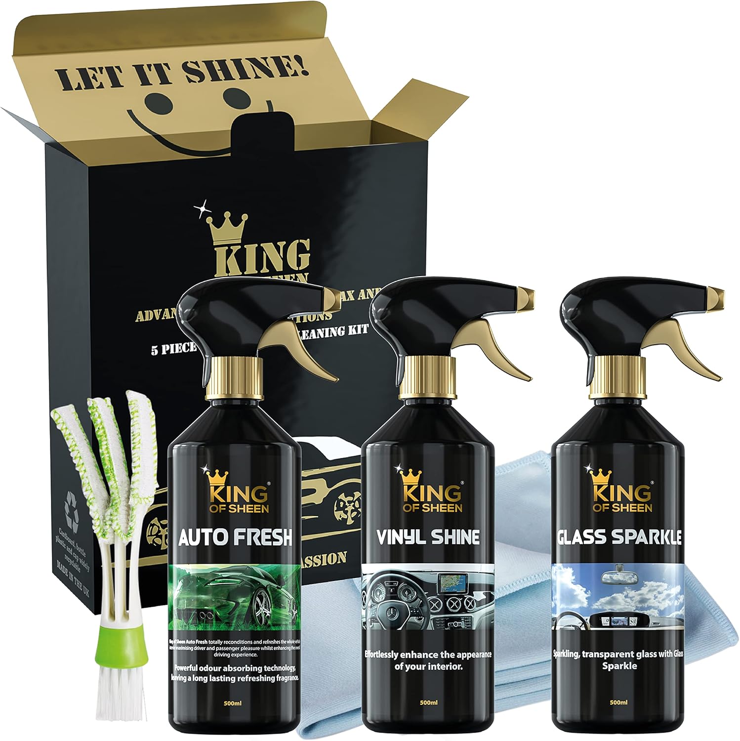 King of Sheen Interior Car Cleaning Kit - Auto Fresh 500ml, Vinyl Shine 500ml and Glass Sparkle 500ml, Professional Glass Microfibre Cloth and Mini Detailing Duster