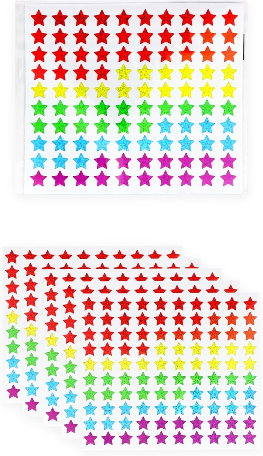 Henbrandt 5 x Sheets - 500 Holographic Star Stickers | Mini Stars for Children, Kids, Teachers, Crafts | Assorted Colours 14mm Small Glitter Stickers for Reward Charts, Scrapbooking, Art
