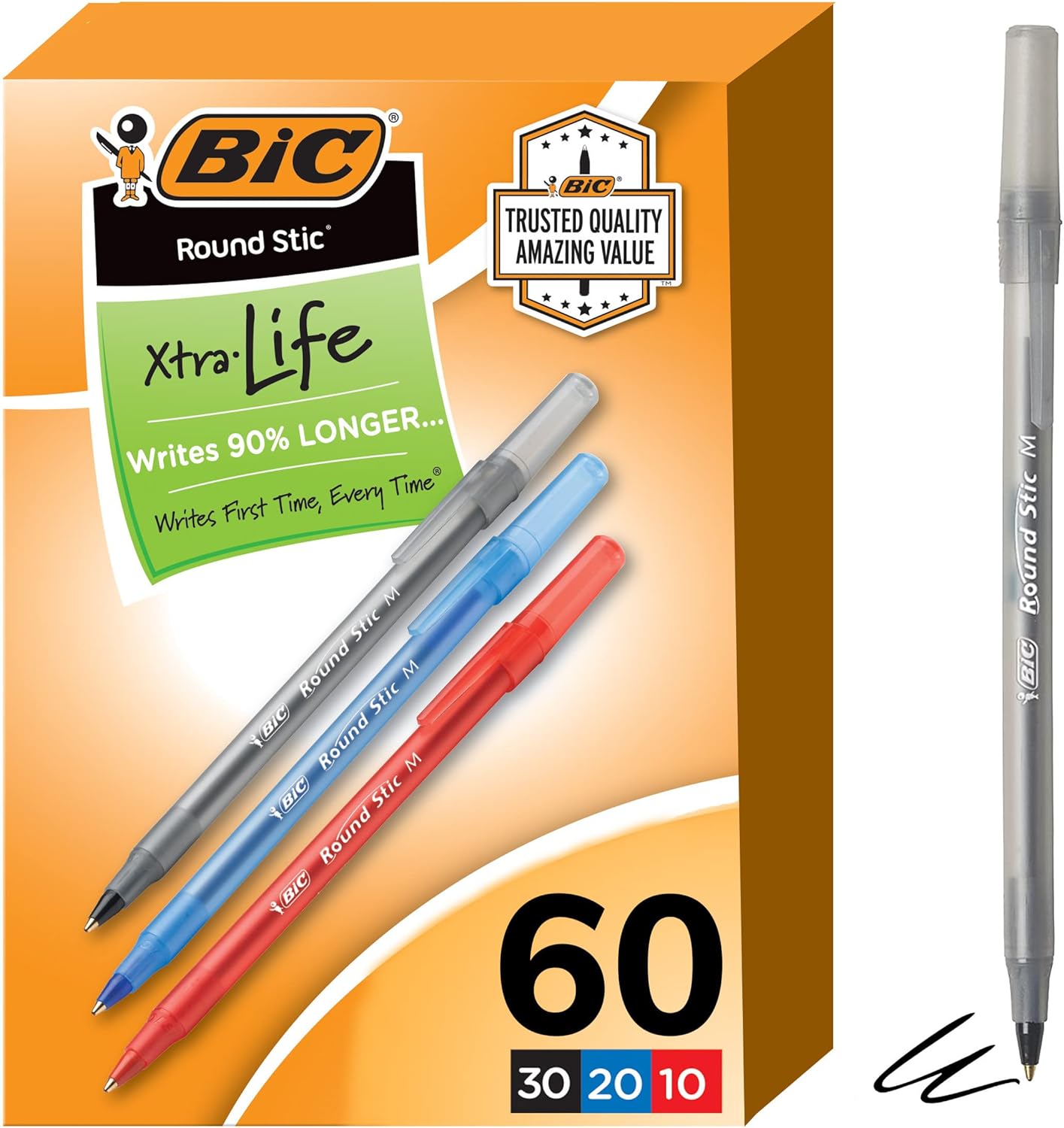 BIC Round Stic Xtra Life Assorted Ink Ballpoint Pens, Medium Point (1.0mm), 60-Count Pack of Bulk Pens, Flexible Round Barrel for Comfortable Writing, No. 1 Selling Ballpoint Pens