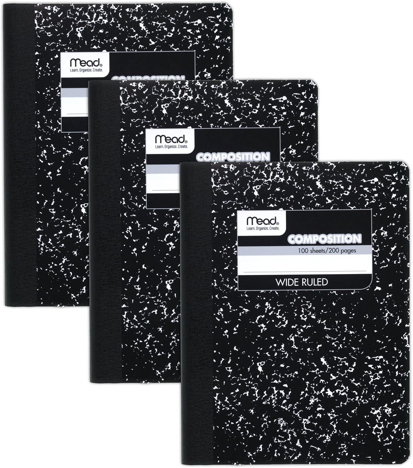 Mead Composition Notebook, 3 Pack, Wide Ruled Paper, 7-1/2" x 9-3/4", 100 Sheets per Comp Book, Black Marble (38301)