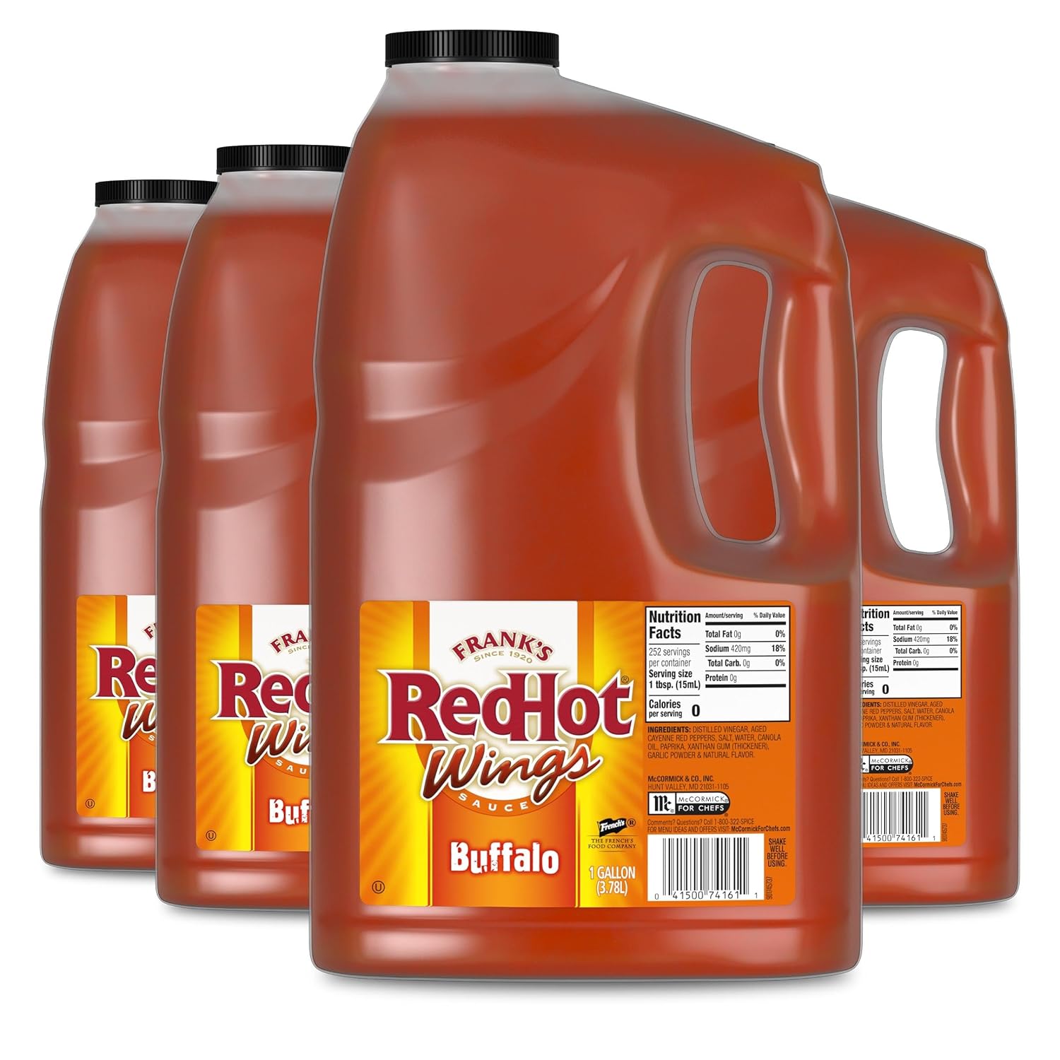 Frank's RedHot Original Buffalo Wings Sauce, 1 gal (Pack of 4) - Four Gallon Bulk Containers of Buffalo Hot Sauce with a Bold, Spicy Flavor Perfect for Wings, Dressings, Dips and More