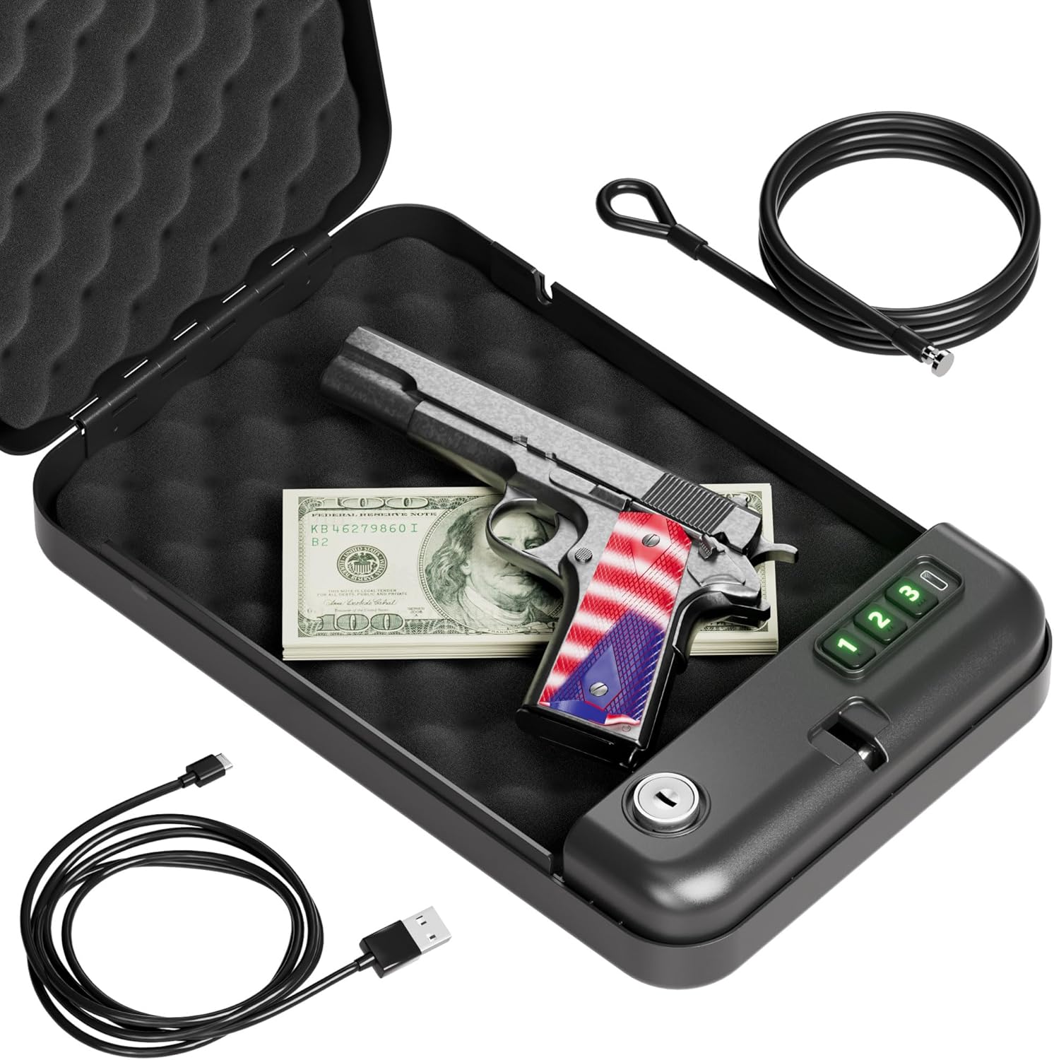 Grimtron Portable Pistol Safes – Electronic Lock Box & Key Access, Silent Mode, Compact Car Gun Safe for Handgun, Small Single Safe for Travel, Office, Dorm Use