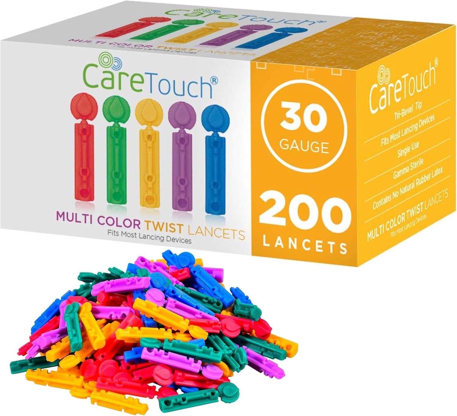 Lancets for Diabetes Testing - 30 Gauge Diabetic Lancets for Blood Testing and Glucose Testing - Fits Most Lancing Devices - Sterile, Single Use 30g Blood Sugar Lancets - Multicolored - 200 Count