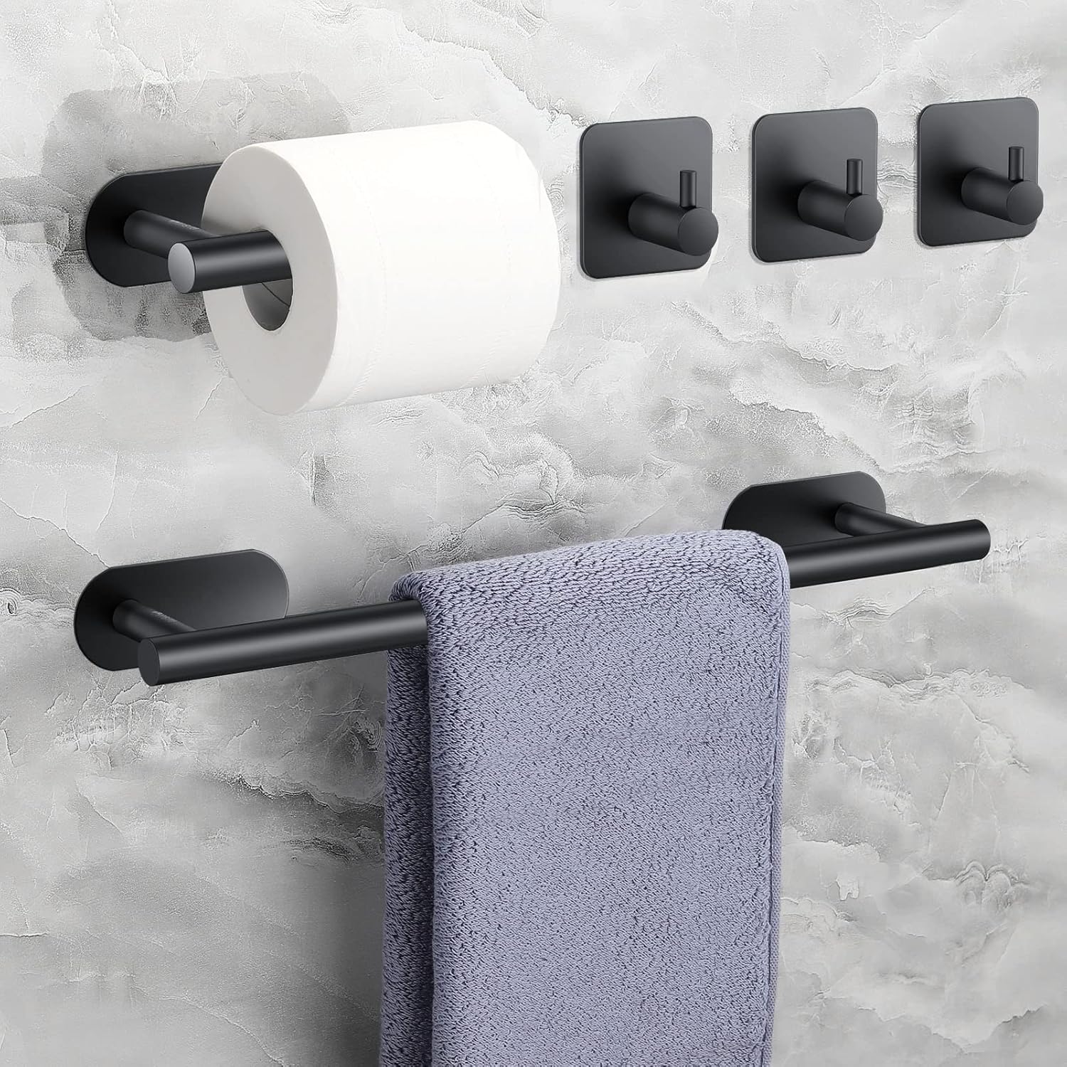 JiGiU 5 Pieces Bathroom Accessories Bathroom Adhesive Towel Holder No Drilling Wall Mounted 304 Stainless Steel Towel Holder for Kitchen and Bathroom (Black)