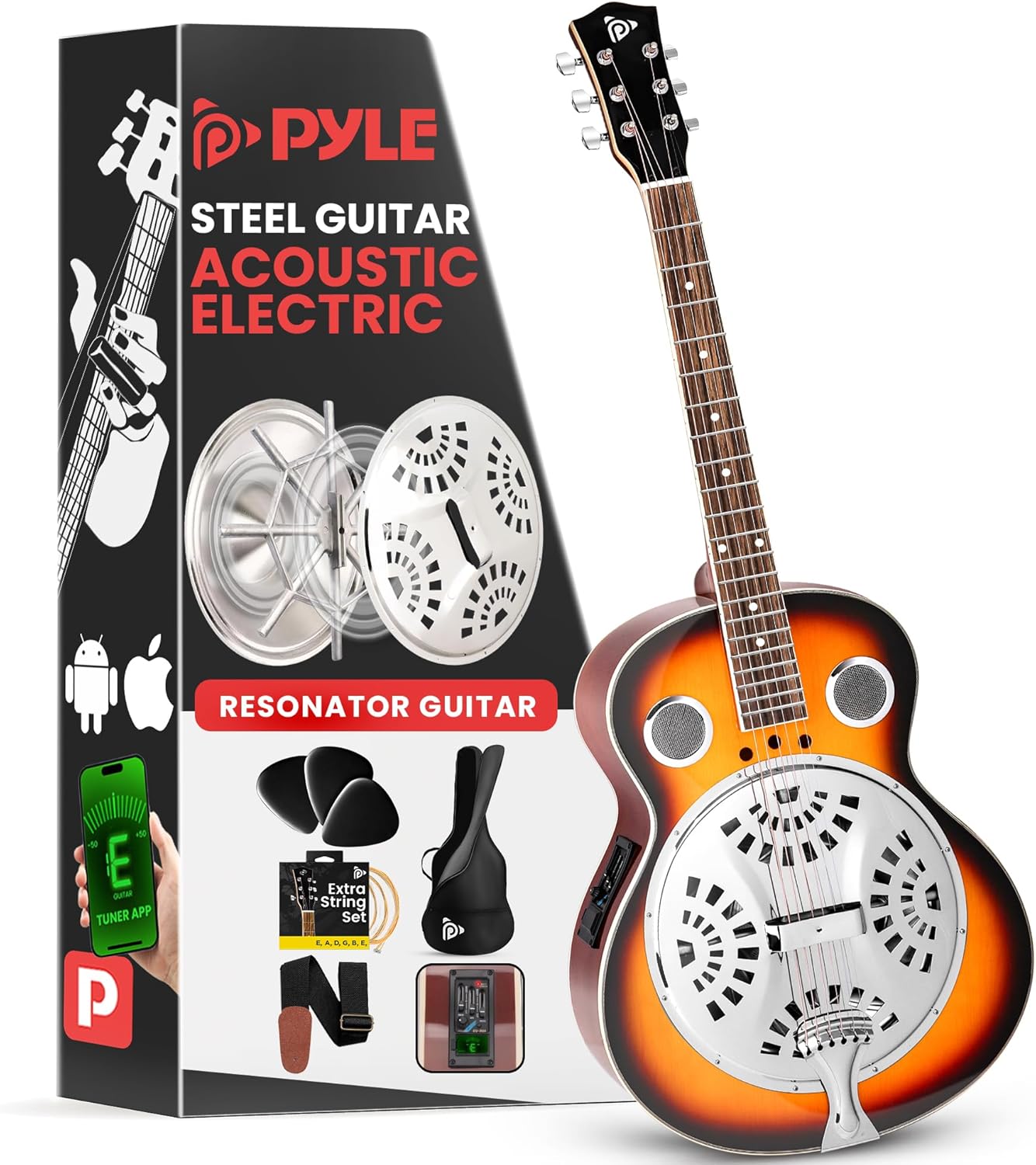 Pyle Resophonic Resonator Acoustic Electric Guitar, 6 String Round Neck Sunburst Mahogany Traditional Resonator w/Built-in Pre Amplifier, Case Bag, Strap, Steel Strings, Tuner, Picks