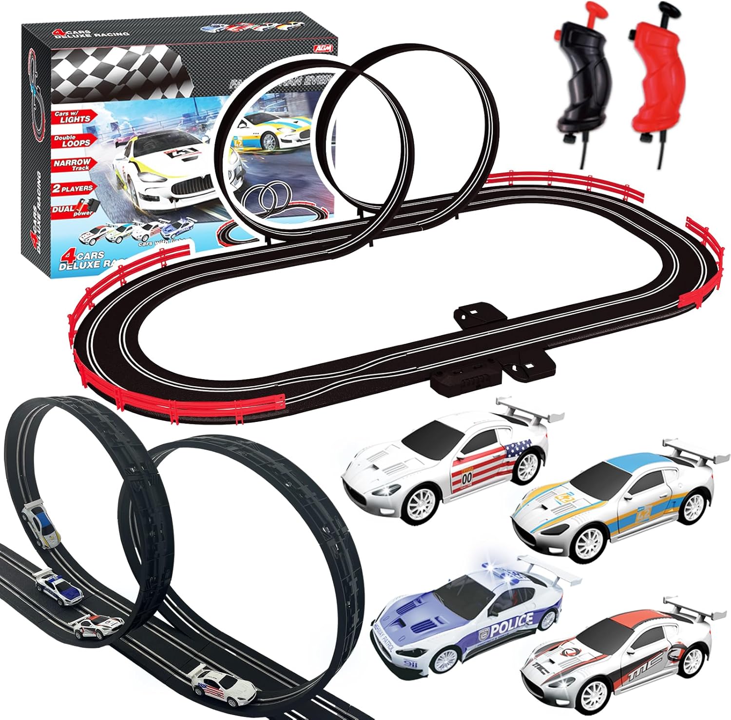 AGM MASETCH Slot Car Racing Track Set with 4 Unique Slot Cars, Battery Powered or Electric Car Track, Gift Toys for Boys Girls 4-12 Years Old