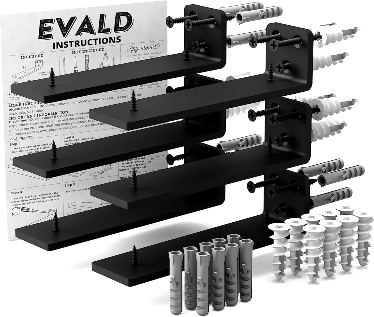 EVALD Floating Shelf Brackets | Hidden Black Carbon Steel Brackets for 6-inch Board (5 1/4" True Size) Kitchen, Nursery | Minimalist Design for Fireplace Mantel, Bookshelves, Bar Wall Shelves 6 Pack