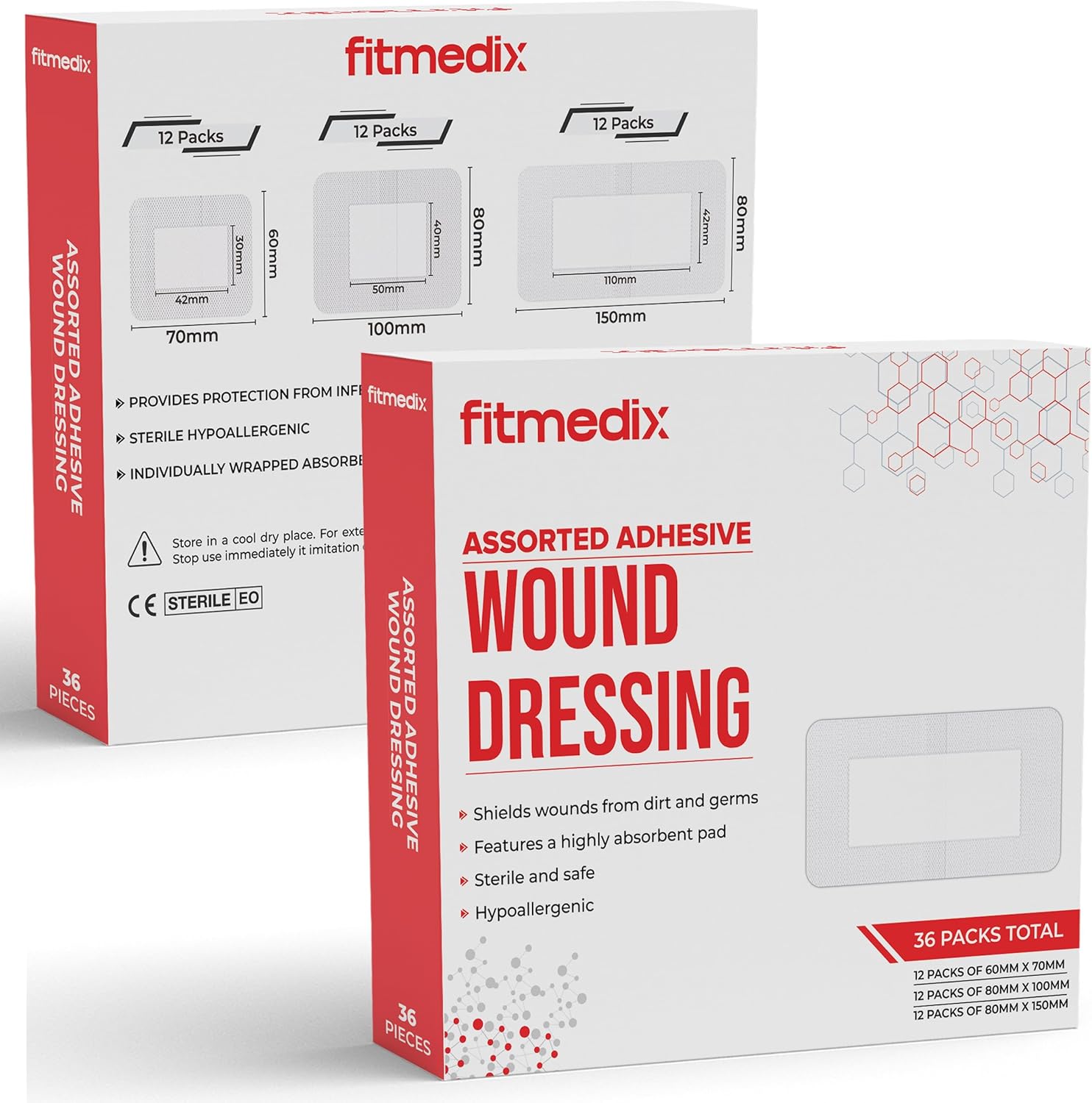 Assorted Adhesive Wound Dressings - 36 Packs for Protection from Infection, Sterile Individually Wrapped, Hypoallergenic, Breathable, Absorbent for Cuts, Grazes, Ulcers, Sores