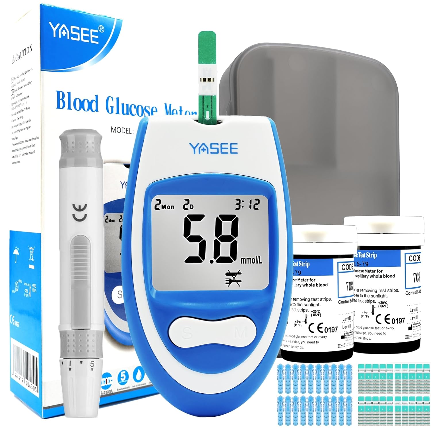 Blood Glucose Test Kit for Diabetes, Blood Sugar monitor testing Kits Diabetics Meter For Home Use Test Strips x 50 and Low Pain Lancing Devices x 50 Testing Monitoring for UK Diabetics in mmol/L
