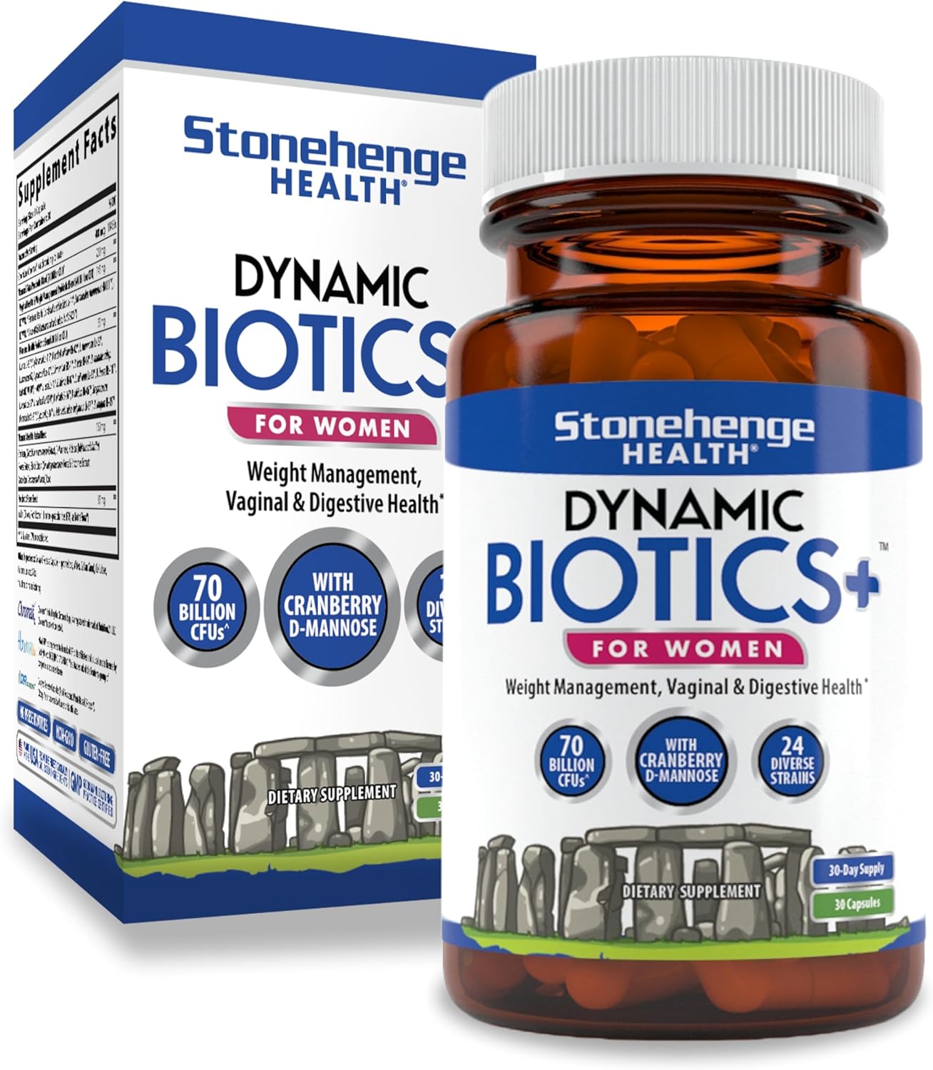 Stonehenge Health Probiotics 70 Billion CFU + 24 Strains, Prebiotic, Dynamic Biotics+ for Women, New Formula for Weight Management, Digestive & Vaginal Support, Delayed Release Shelf Stable Non-GMO
