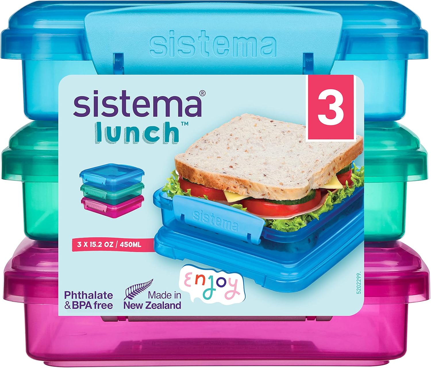 Sistema 41647 Lunch Sandwich Box, 450 ml-Assorted Colours with Contrasting Clips, Pack of 3, 1.55 x 15 x 12.4 cm