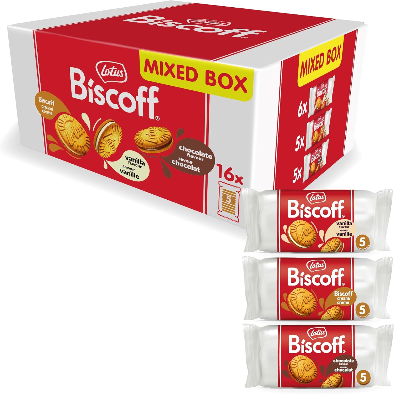 Biscoff - Sandwich Biscuits Variety Pack - 3 Flavours: Vanilla, Chocolate & Biscoff Cream - 5 Sandwich cookies per pack - Ingredients from natural origin - No colours - 16x50g - 0,8kg