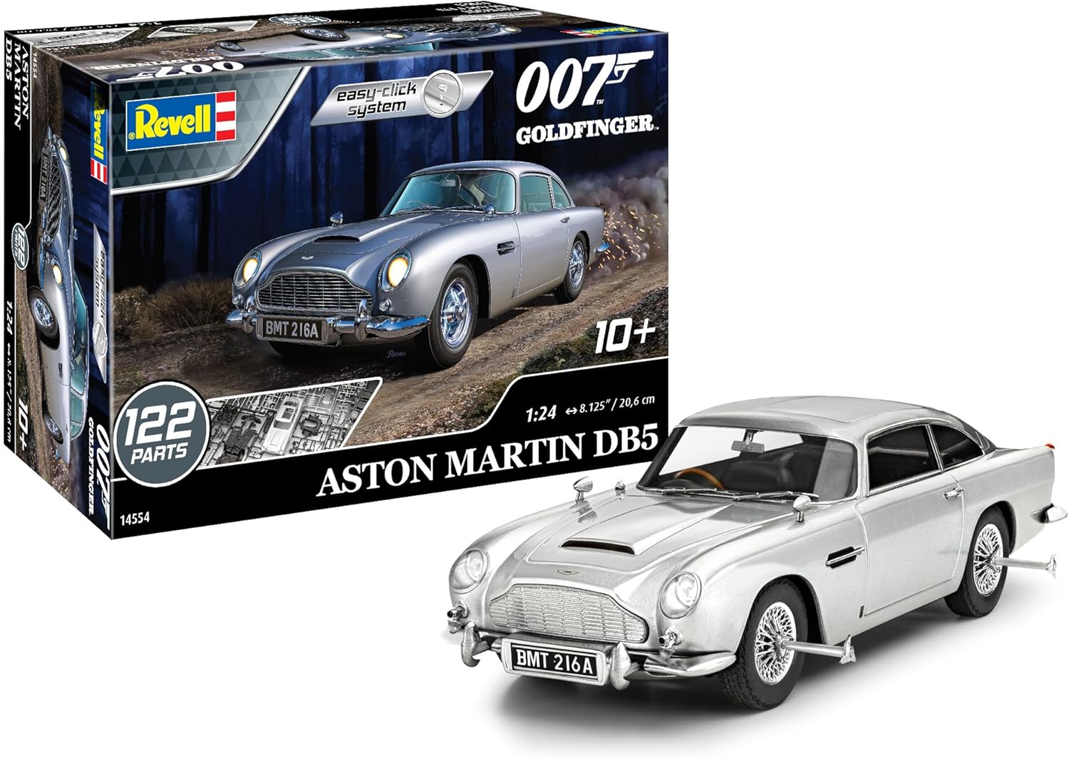 Revell 14554 Aston Martin DB5 James Bond 007 Goldfinger 1:24 Scale 122-Piece Skill Level 2 Model Car Building Kit, Silver