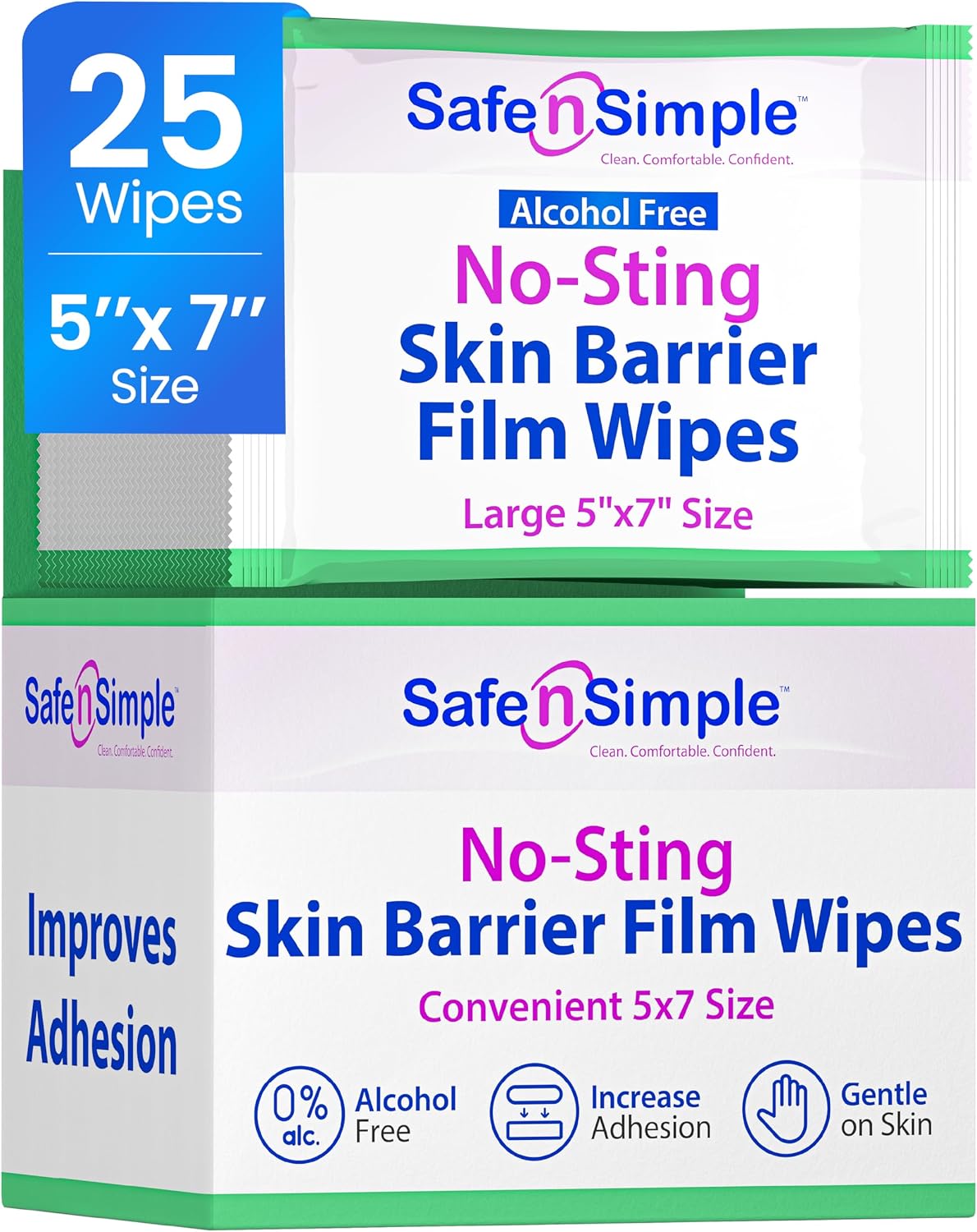Safe n' Simple Large Skin Barrier Wipes No-Sting - 5" x 7" - 25 Count - Alcohol-Free Skin Prep Wipes, Individually Wrapped Barrier Film for Ostomy Supplies, Colostomy & Ileostomy Care Use