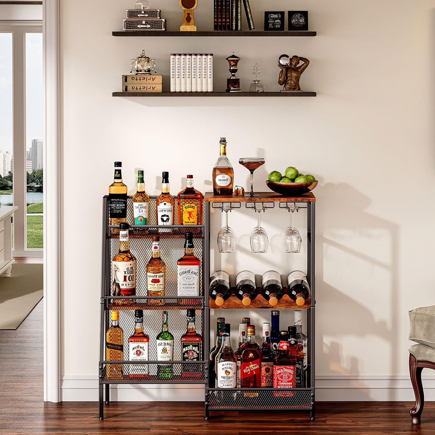 Versatile Liquor Stand for Home Bar, Wine Rack Freestanding Floor, Mini Bar Table for Liquor Whiskey Wine, 3-Tier Trapezoidal Liquor Bottle Display Shelf with Glass Holder and Fences(Patent Pending)