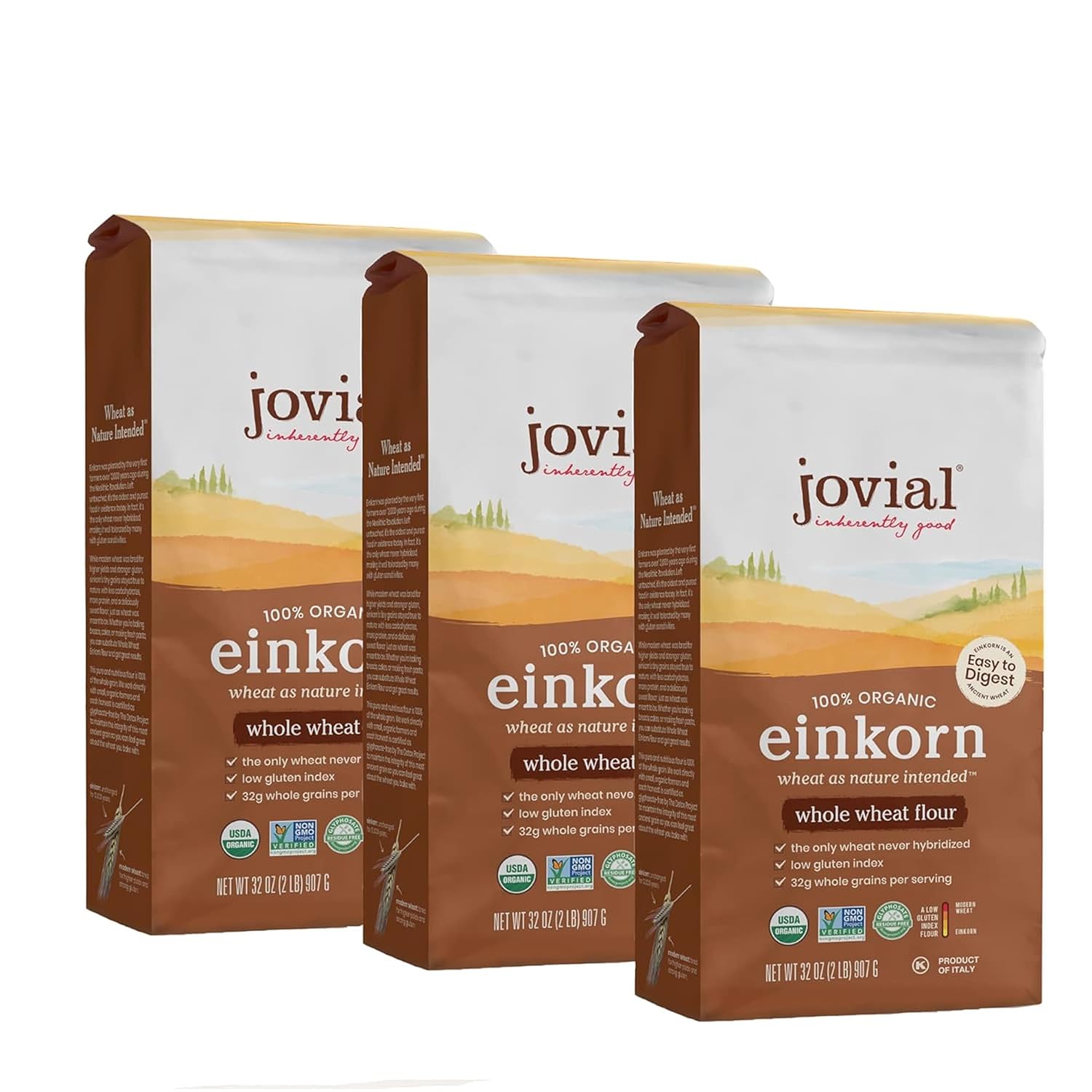Jovial Organic Einkorn Whole Wheat Flour - Bread Baking Flour for Sourdough, High Protein, Non-GMO, Organic Pizza & Pasta Flour, European Italian Flour, Glyphosate Free - 32 Oz, 3 Pack