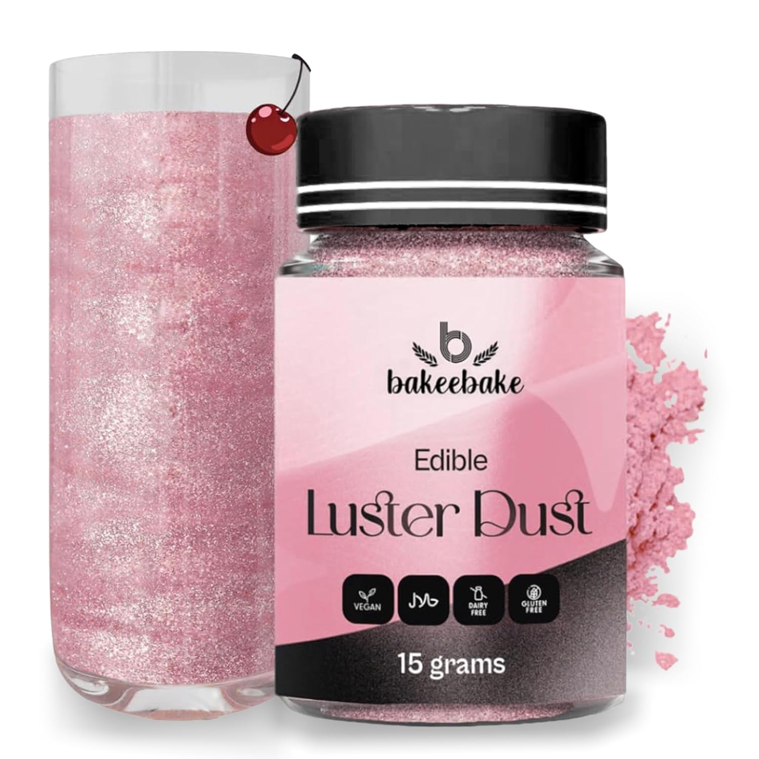Bakeebake Pink Luster Dust Edible 15g - Edible Glitter for Drinks & Desserts - Gluten Free Edible Pink Dust for Cake Decorating – Tasteless Vegan Drink Glitter for Cocktails and Parties (Pink)
