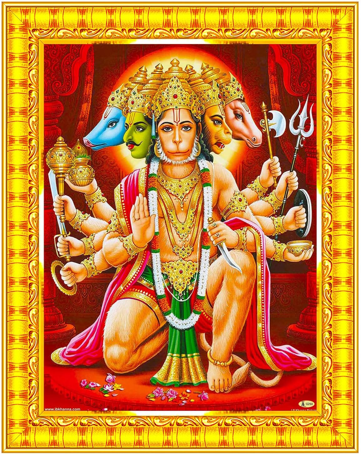 Pavan Photo Laminations Panchmukhi Hanuman for Door Entrance Vastu Wall Painting Framed Home Decor (Wood,Matte,Gold,Big Size,10 x 12 Inch) R781M