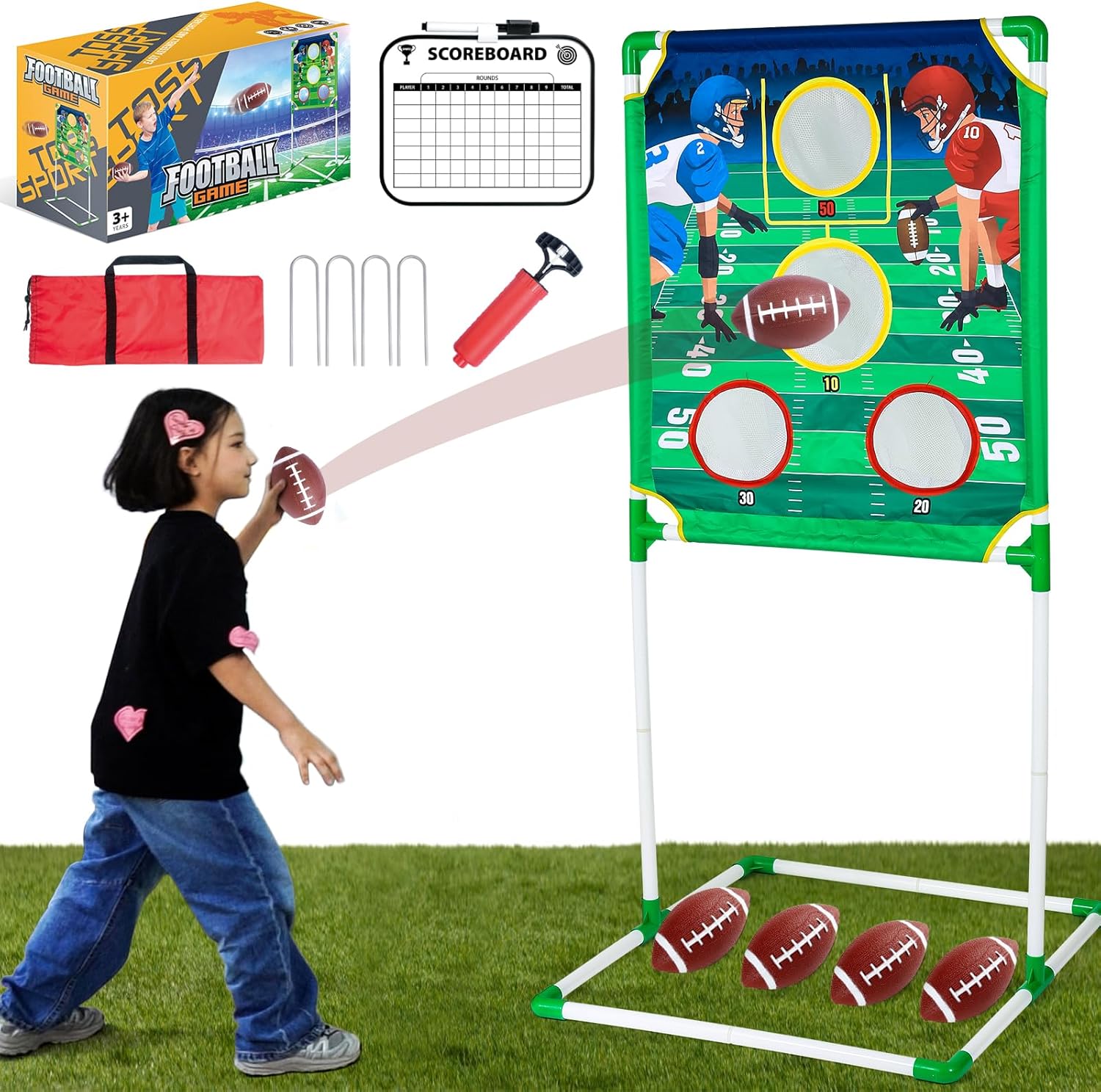 JIMI Football Toss Game, Football Throwing Target Game with 4 Inflatable Toy Footballs 56-Inch Football Target, Indoor Outdoor Sport Toys for Kids 6-8 8-12, Football Game for All Ages