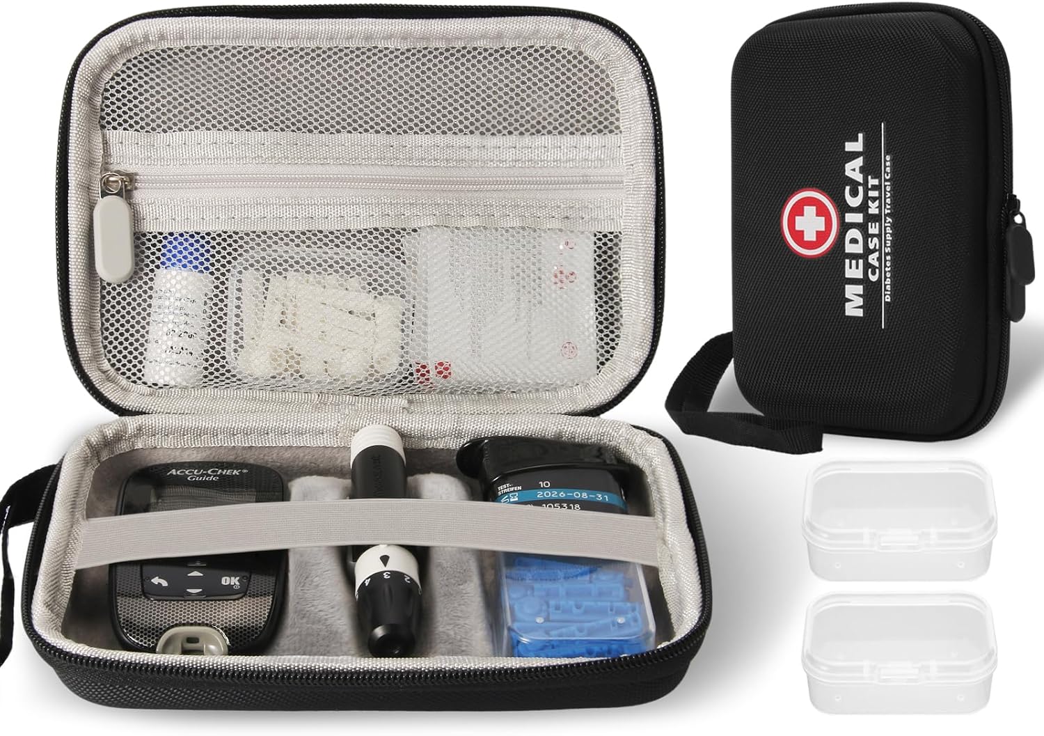Hard Diabetes Travel Case for Accu-Chek/One Touch, Glucose Monitor Case for CareSens N for Glucose Meter, Insulin Pen, Blood Sugar Test Strips, Syringe, Needles and More Kits (Black)