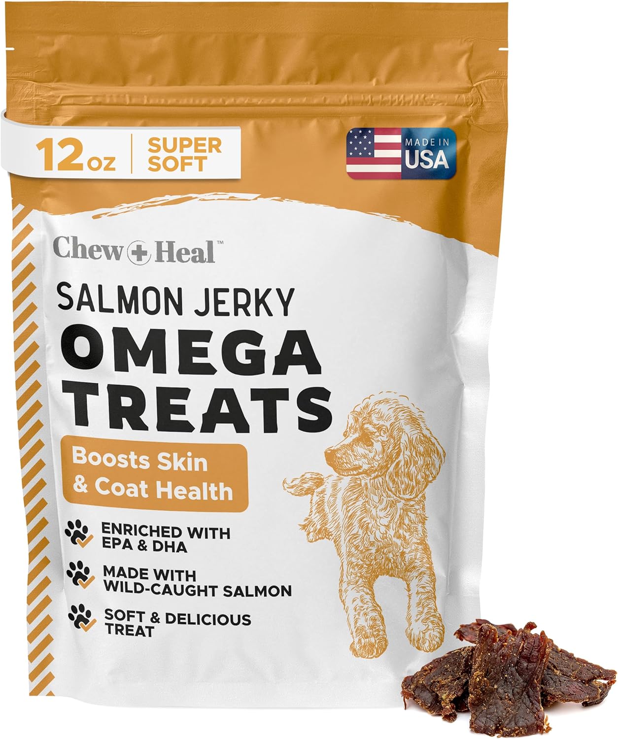 Chew + Heal Labs Omega Soft Wild Caught Alaskan Salmon Jerky 12oz - Natural Salmon Jerky Dog Training Treats for Skin & Coat - Soft Dog Chews with Flaxseed & Oat Flour - Made in USA
