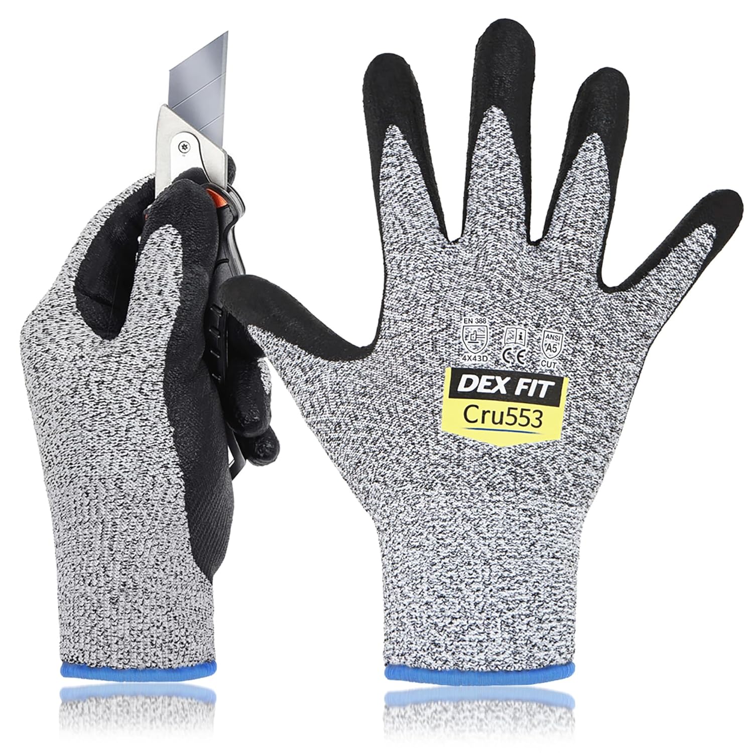 DEX FIT Level 5 Cut Resistant Gloves Cru553, 3D-Comfort Fit, Firm Grip, Thin & Lightweight, Touch-Screen Compatible, Durable, Breathable & Cool, Machine Washable; Grey L (9) 1 Pair