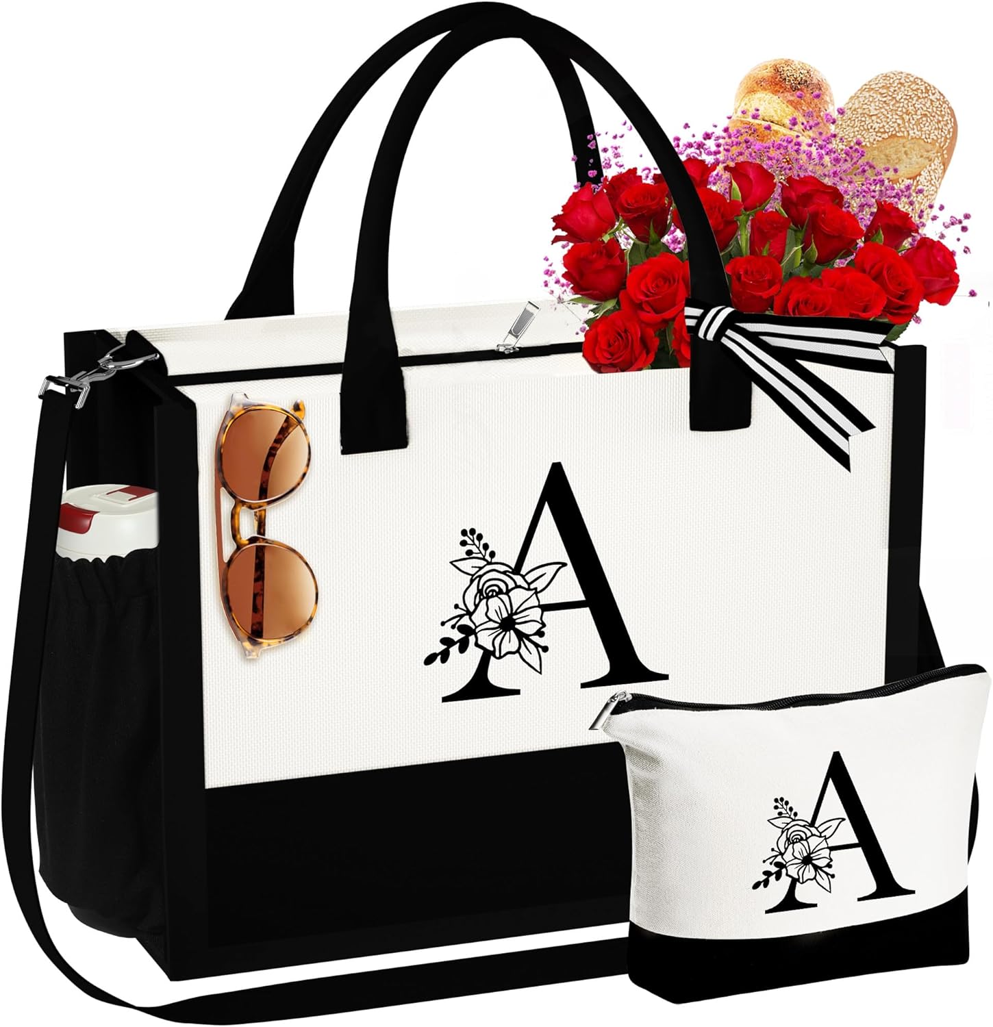YOOLIFE Christmas Gifts for Women - Stocking Stuffers Initial Canvas Tote Bag Makeup Bag Birthday Gifts for Women Mom Teacher