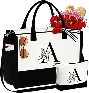 YOOLIFE Christmas Gifts for Women - Stocking Stuffers Initial Canvas Tote Bag Makeup Bag Birthday Gifts for Women Mom Teacher