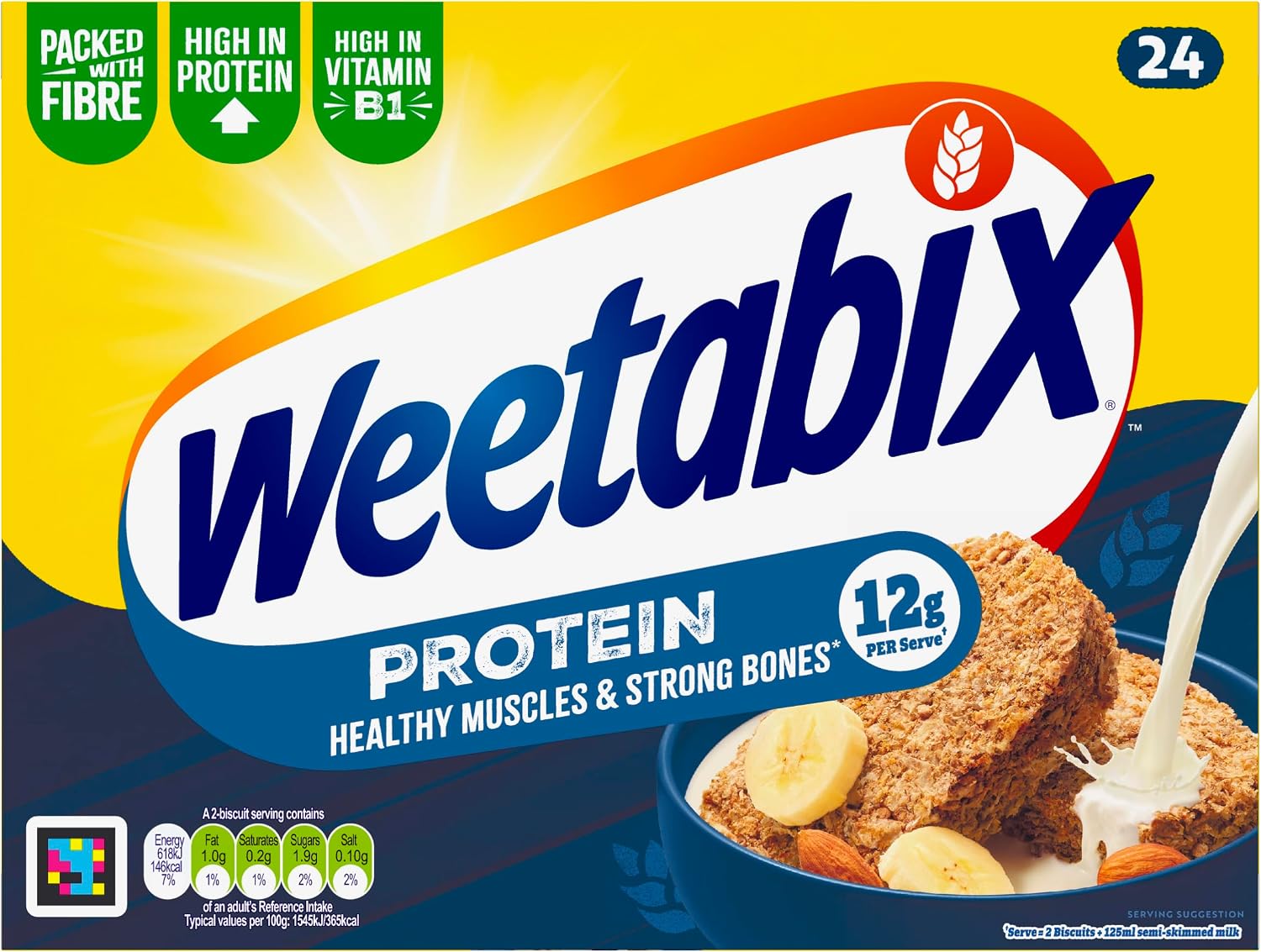 Weetabix Protein 24 Biscuits – High Protein Wholegrain Breakfast – Plant-Based Goodness – Low Sugar & High Fibre – 12g Protein per Serving – Source of Iron & Vitamin B1 – UK’s No.1 Cereal