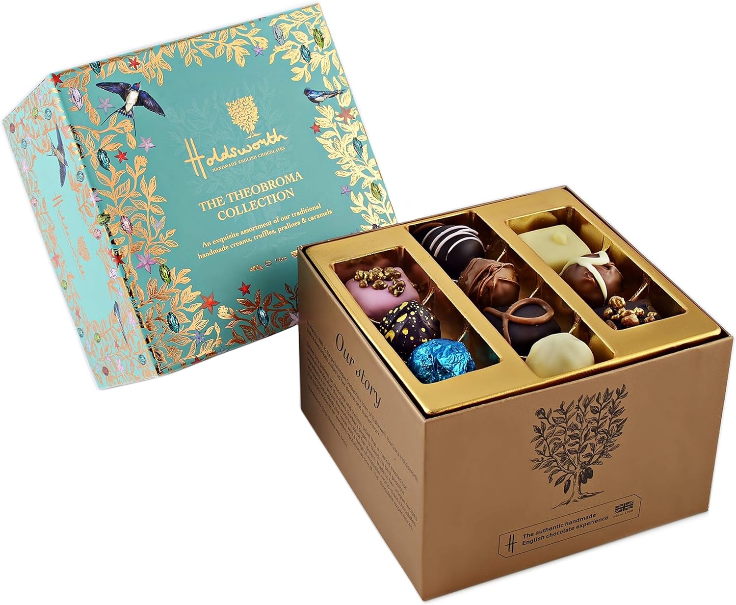 Holdsworth Chocolates Classics - The Theobroma Collection, an Impressive Assortment of Handmade Truffles Creams, Pralines and Caramels all Coasted with Milk, Dark or White Chocolate 400g