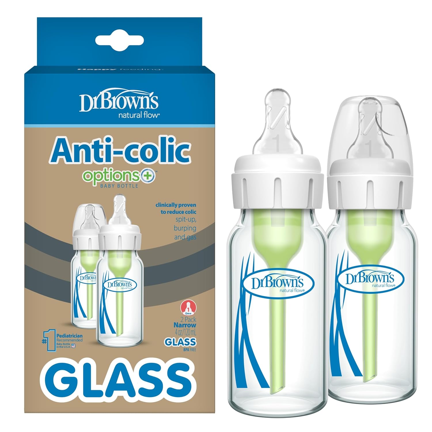 Dr. Brown's Natural Flow Anti-Colic Options+ Narrow Glass Baby Bottle 4 oz/120 mL, with Level 1 Slow Flow Nipple, 2 Pack, 0m+