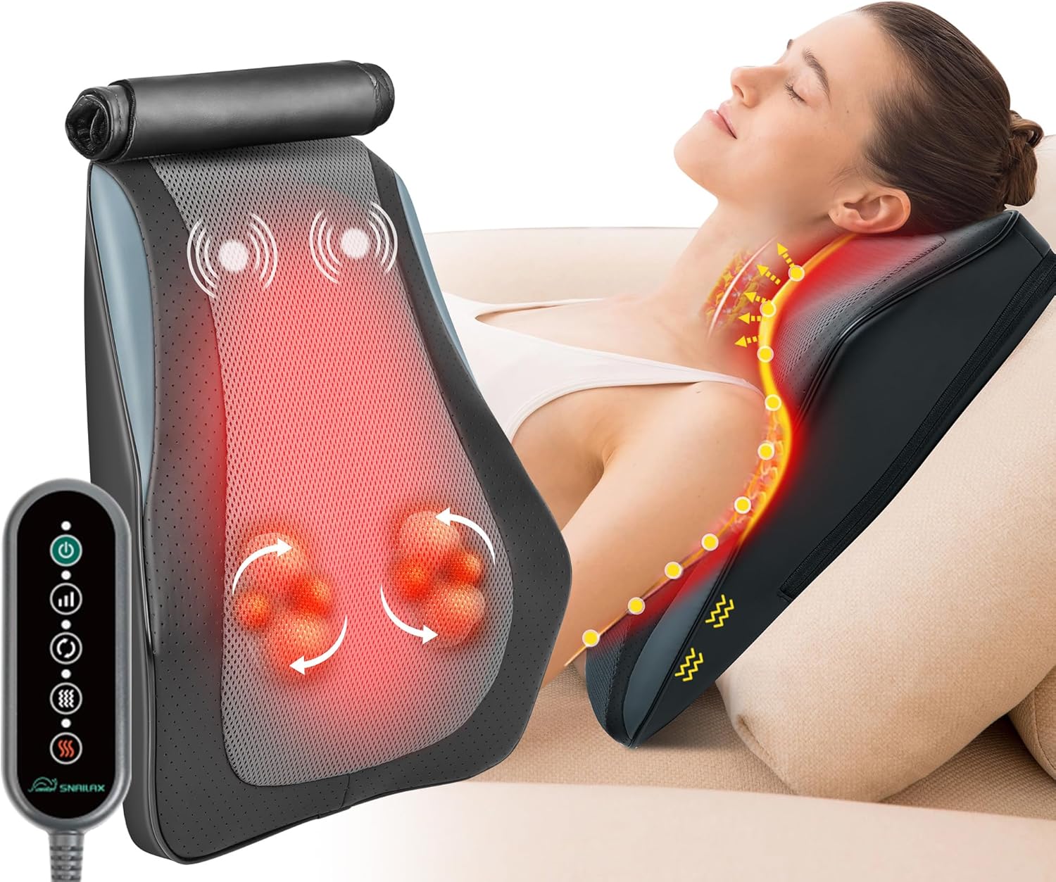 Snailax Shiatsu Lower Back Massager with Heat, Back Neck Massager with Heat Deep Tissue, 4D Kneading Massage Pillow for Office Home Use, Gifts for Women Men