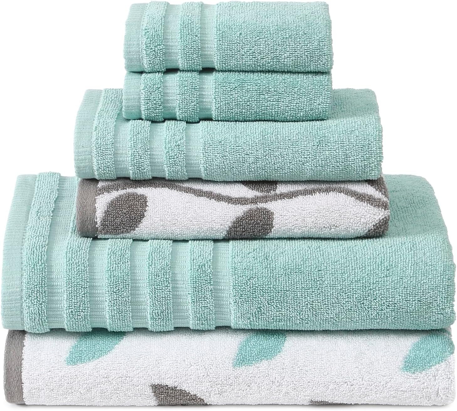 Modern Threads Organic Vines 6-Piece 100% Cotton Towel Set – Yarn Dyed Jacquard & Solid – Includes 2 Bath Towels, 2 Hand Towels, 2 Washcloths – Absorbent, Quick Dry, Soft & Durable – Aqua