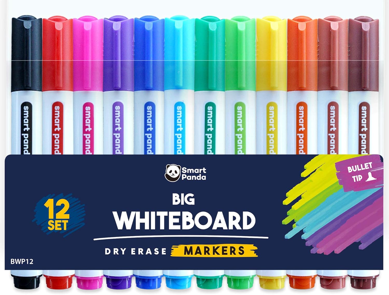 Smart Panda 12 Big Whiteboard Pens Bullet Tip Whiteboard Markers – Dry Erase Markers, Perfect for Home, School or Office - 12 Set Assorted Colours