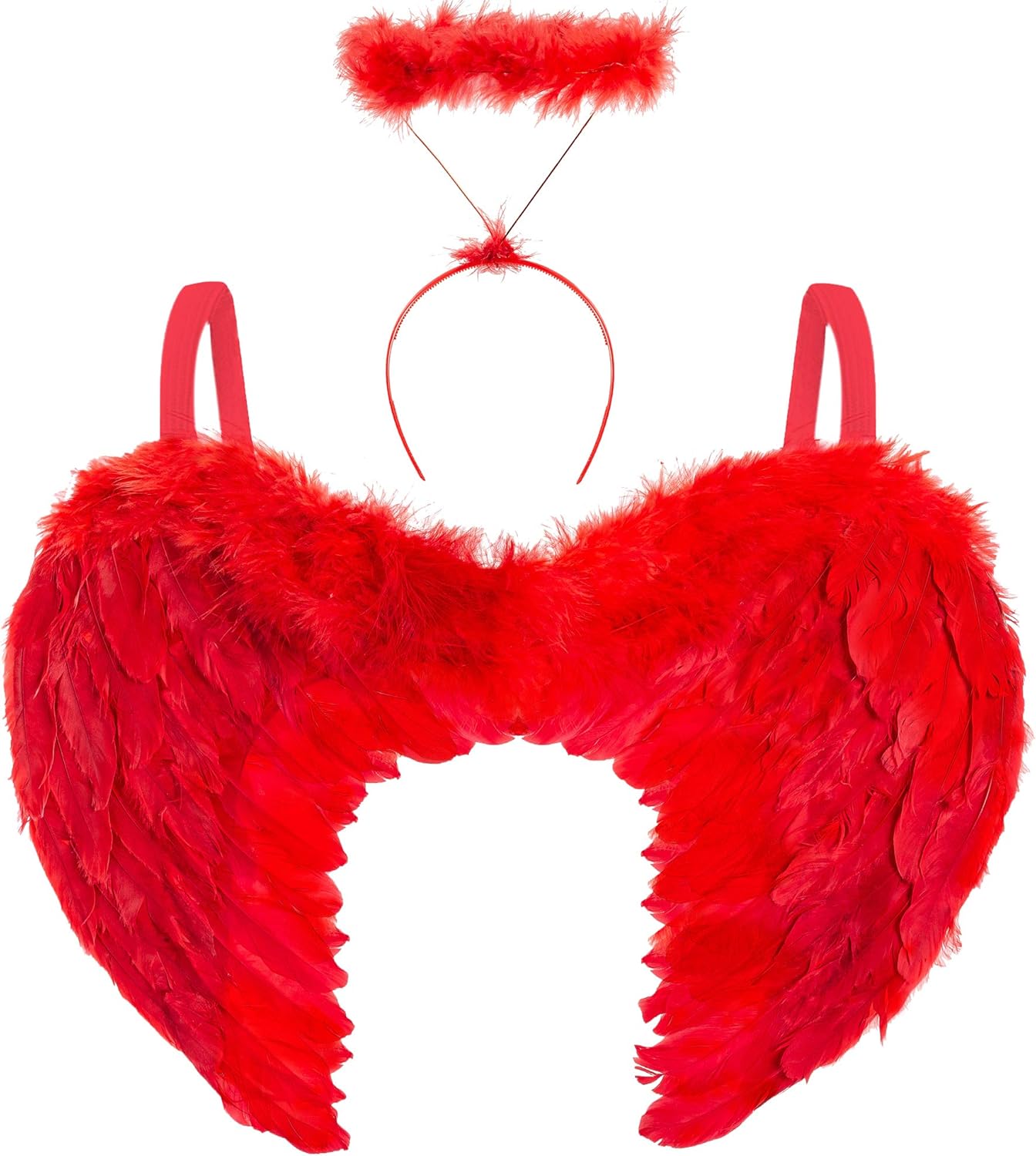 Red Angel Wings and Halo Band – Women’s Fairy Costume - Wings with Large Feathers and Red Halo Headband for Dress Up - Adult Fancy Dress Costume for Carnival/Halloween Party