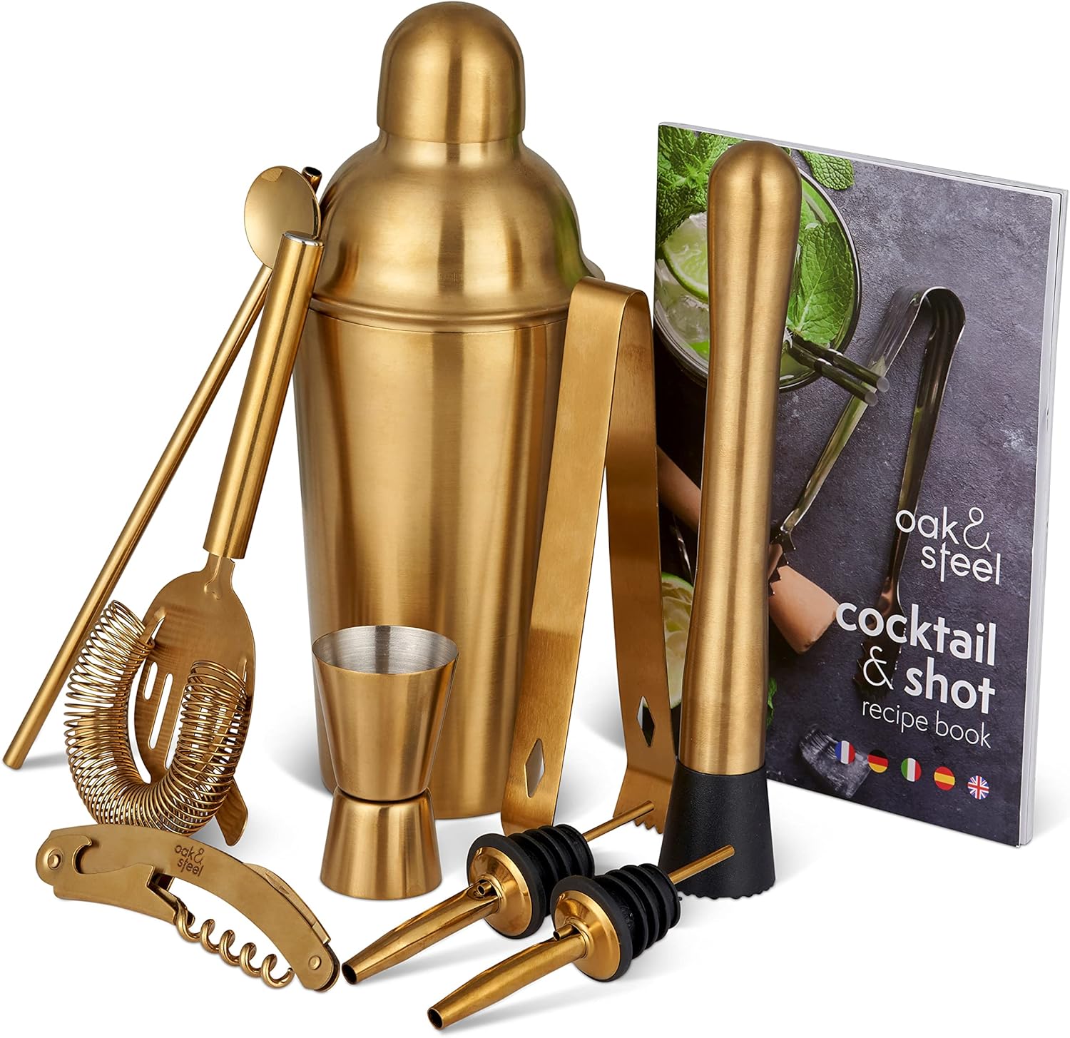 Oak & Steel - 10 Piece Premium Stainless Steel Cocktail Making Gift Set - Recipe Book, Shaker, Strainer, Muddler, Double Jigger & Pourers for Home and Bar Party, Bartender Tool Kit (Gold)
