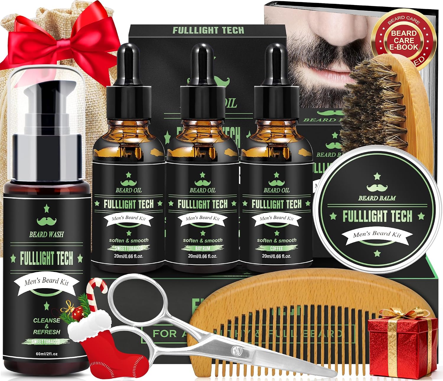 Beard Kit with 3 Beard Oil Scents & Sweet Tobacco Beard Wash & Balm Set