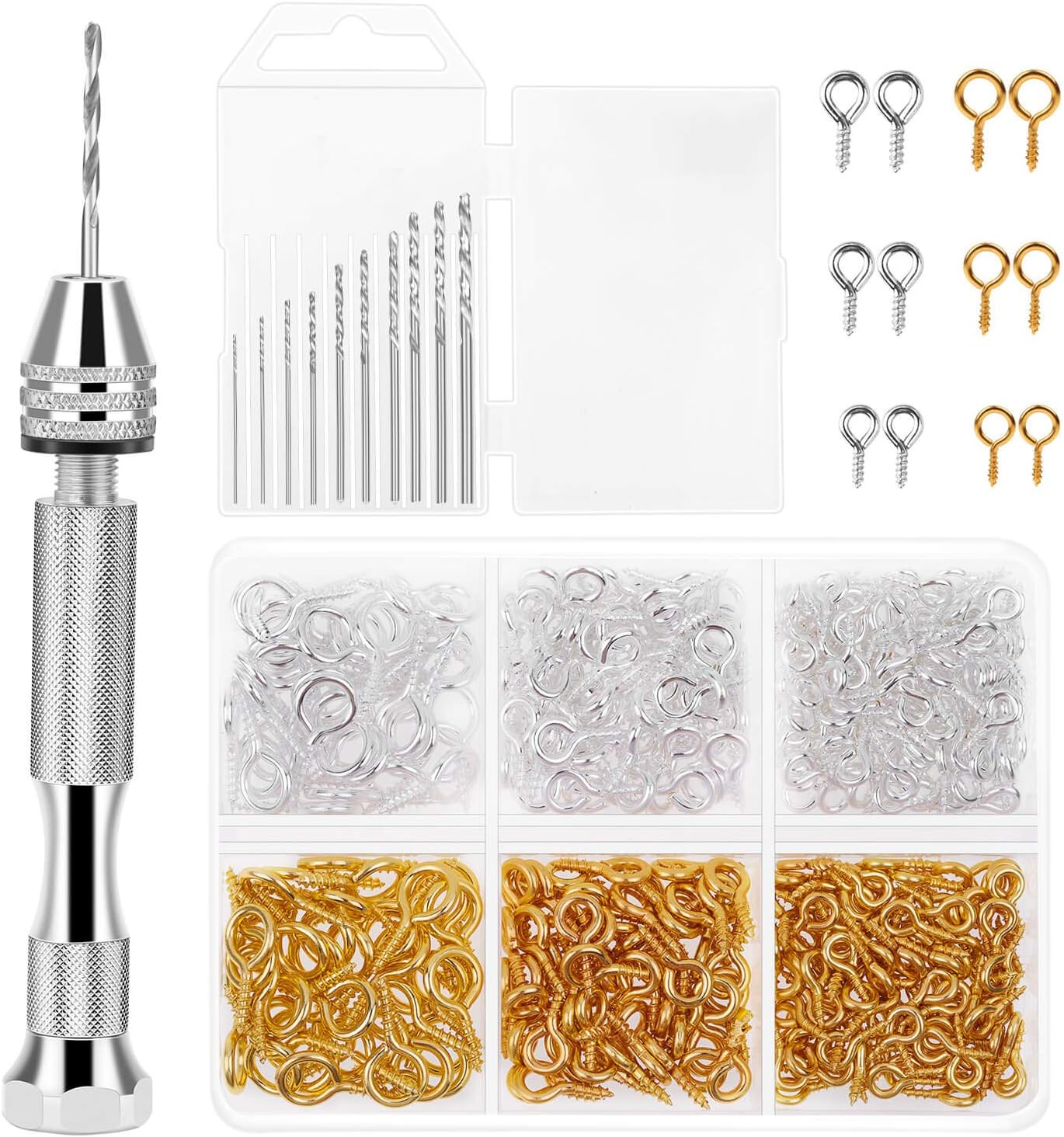 shynek PV-01 Pin Vise for Resin Casting Molds, Shynek Hand Drill for Jewelry Making Resin Tools Includes 1Pcs Push Hand Drill 10Pcs Drill Bits 480Pcs Eye Screws for DIY Keychain (Gold+Silver)