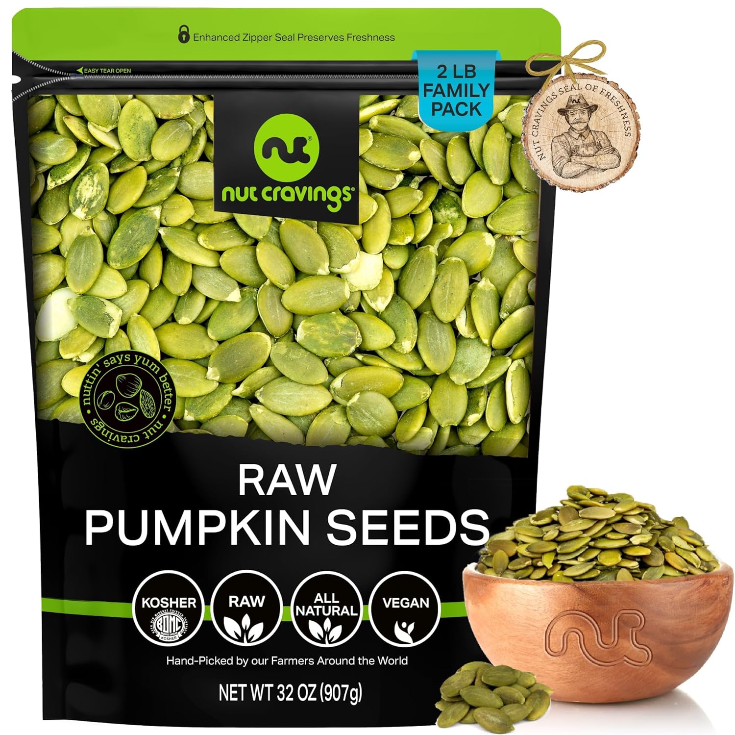 NUT CRAVINGS - Raw Pumpkin Seeds Pepitas, Unsalted, Shelled, (32oz - 2 LB) Bulk Nuts Packed Fresh in Resealable Bag - Kosher Healthy Snack, Natural Keto Vegan - Ideal for Trail Mixed Nuts