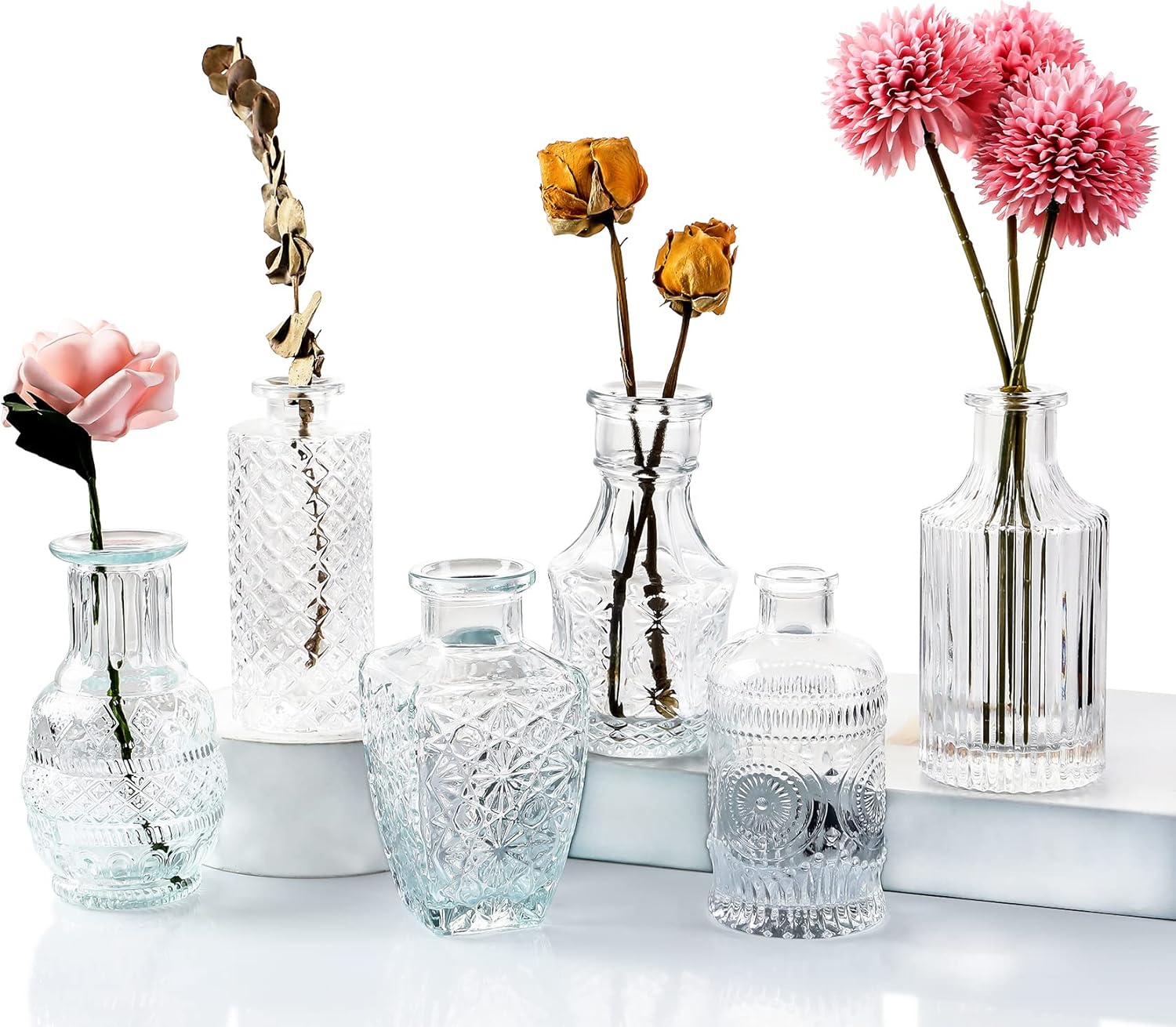 6 Pcs Small Glass Flower Vases with Brush, Glass Clear Mini Bud Sweet Pea Vases in Bulk for Rustic Home Wedding Centerpieces Dining Table Room Decorations