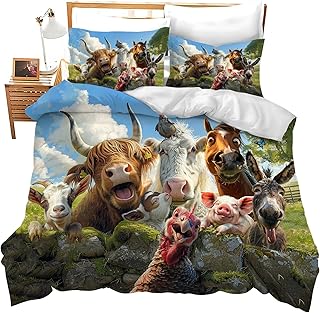 Funny Animals Bedding Set 3 Pieces Soft Lightweight Microfiber Farmhouse Cow Donkey Pig Bedspread Coverlet Set Fun Horse Duvet Cover Twin Full Queen King for Comforter Bed Set for Girls Boys Women Men